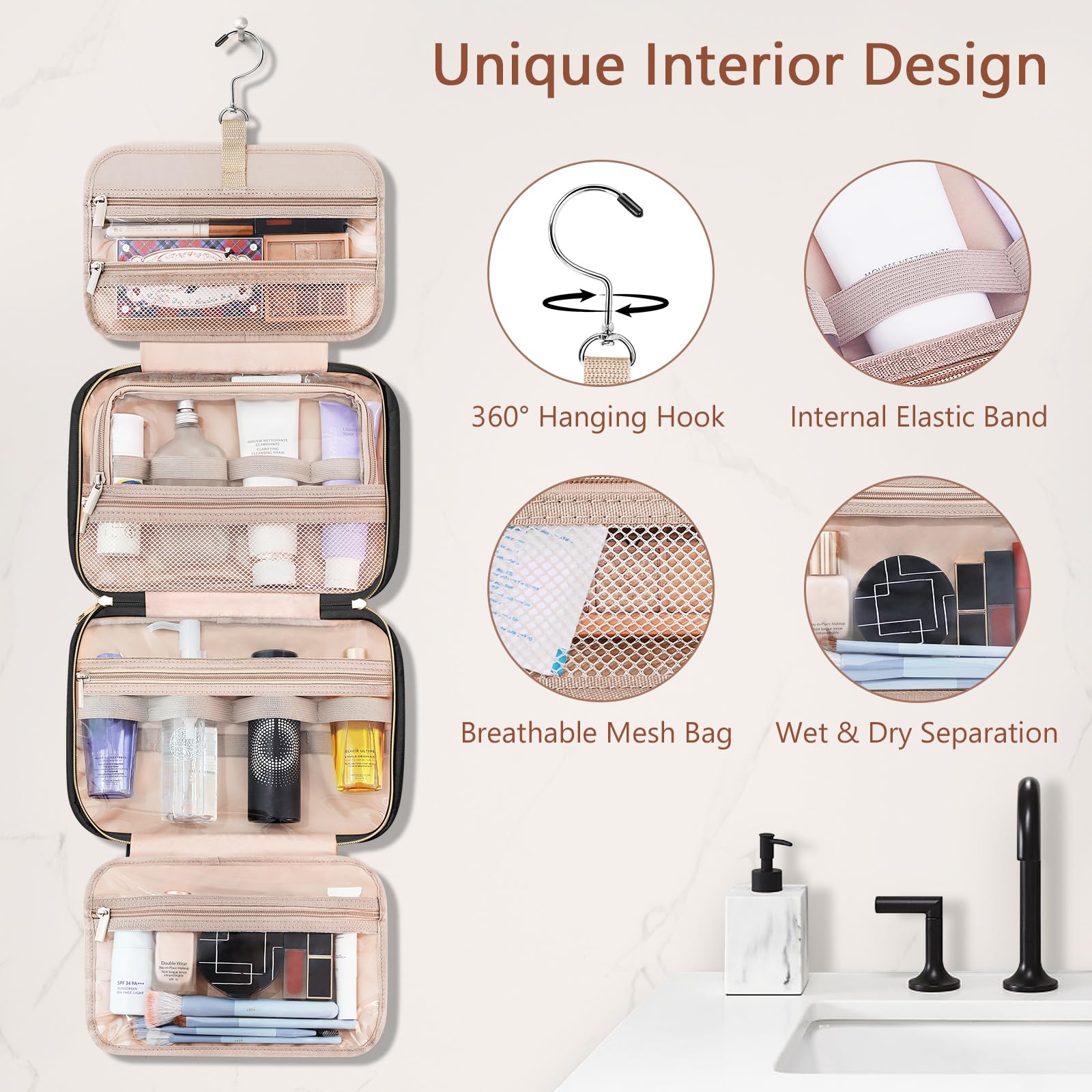 Wedama Hanging Travel Toiletry Bag for Women - Waterproof PVC Cosmetic Organizer with Jewelry Compartment, Medium Makeup Bag for Trips, Camping & Bathroom Use (Black+Brown) | Perfect for Business Travel, Gym & Weekend Getaways