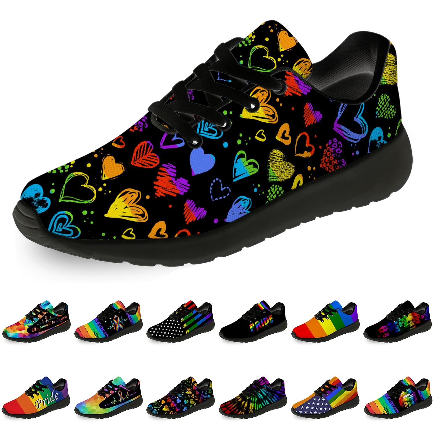 Rainbow Pride Running Shoes for Women & Men - LGBTQ Tennis Sneakers with Heart Design - Comfortable Walking Shoes for Lesbian & Gay Community - Size 6 Men/8 Women (Black Multicolor) - Perfect for Pride Parades, Gym Workouts & Casual Wear