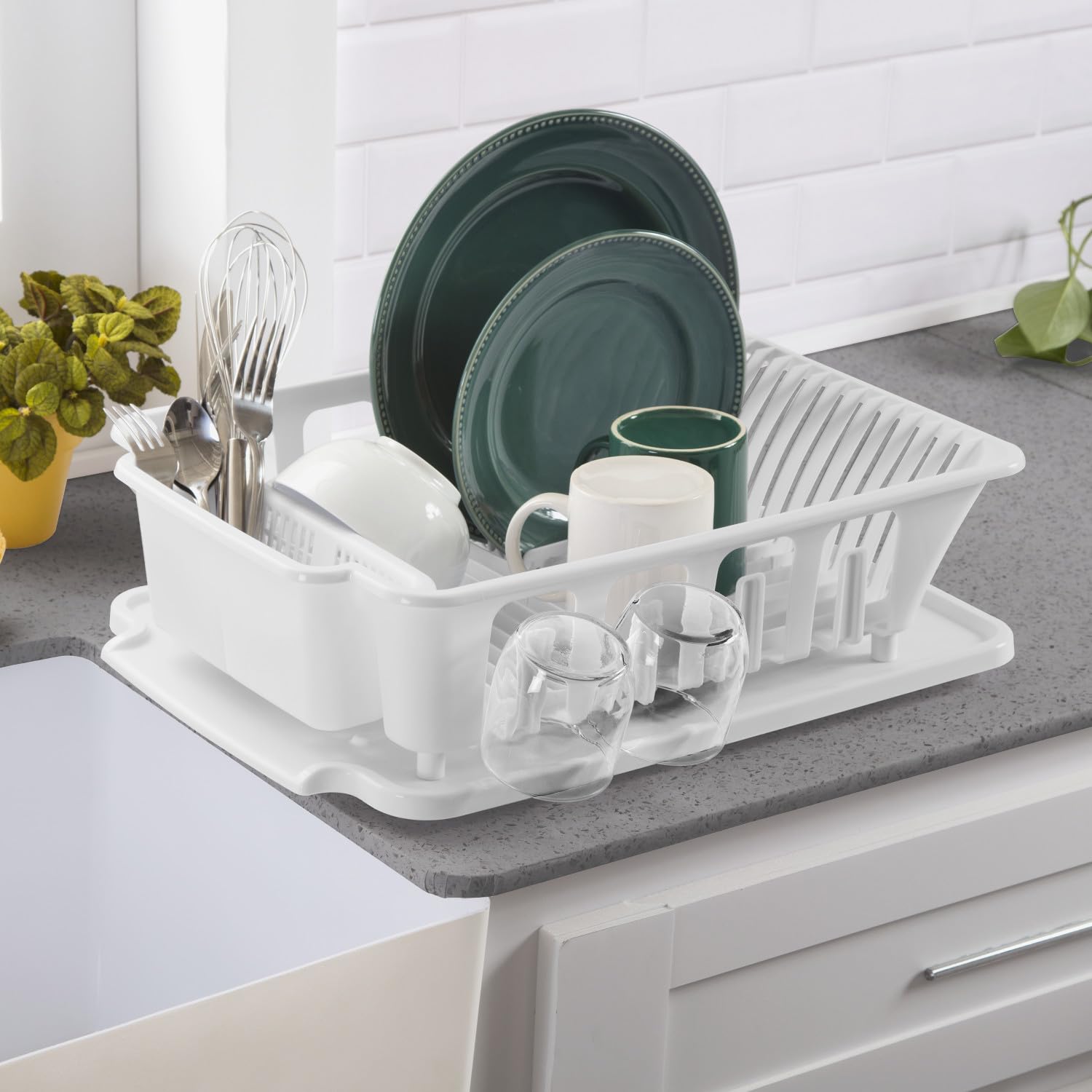 Sterilite Large 2-Piece Sink Set with Drainboard - White Kitchen Dish Drying Rack for Plates, Cups & Silverware (6-Pack) - Perfect for Small Kitchens, Camping & RVs