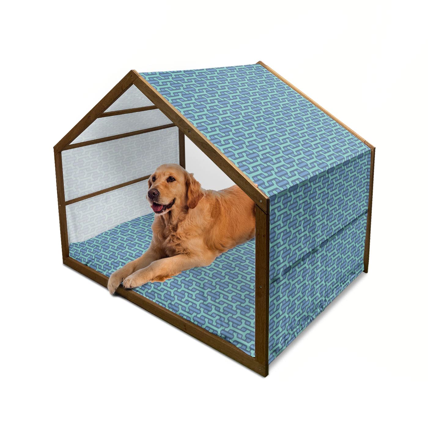 Ambesonne Abstract Surreal Wooden Dog House - Geometric Puzzle Labyrinth Design Indoor/Outdoor Portable Pet Kennel with Pillow & Cover - 2X-Large Turquoise Violet Blue - Perfect for Backyard, Patio, or Travel Use