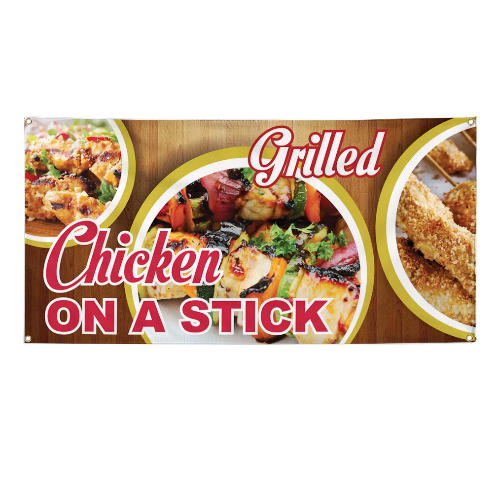 Vinyl Banner - 48x96 Inches Weatherproof Outdoor Sign with 8 Grommets | Durable Restaurant, Cafe & Food Advertising | Perfect for Grilled Chicken on a Stick Promotion, Yard Signs & Industrial Use