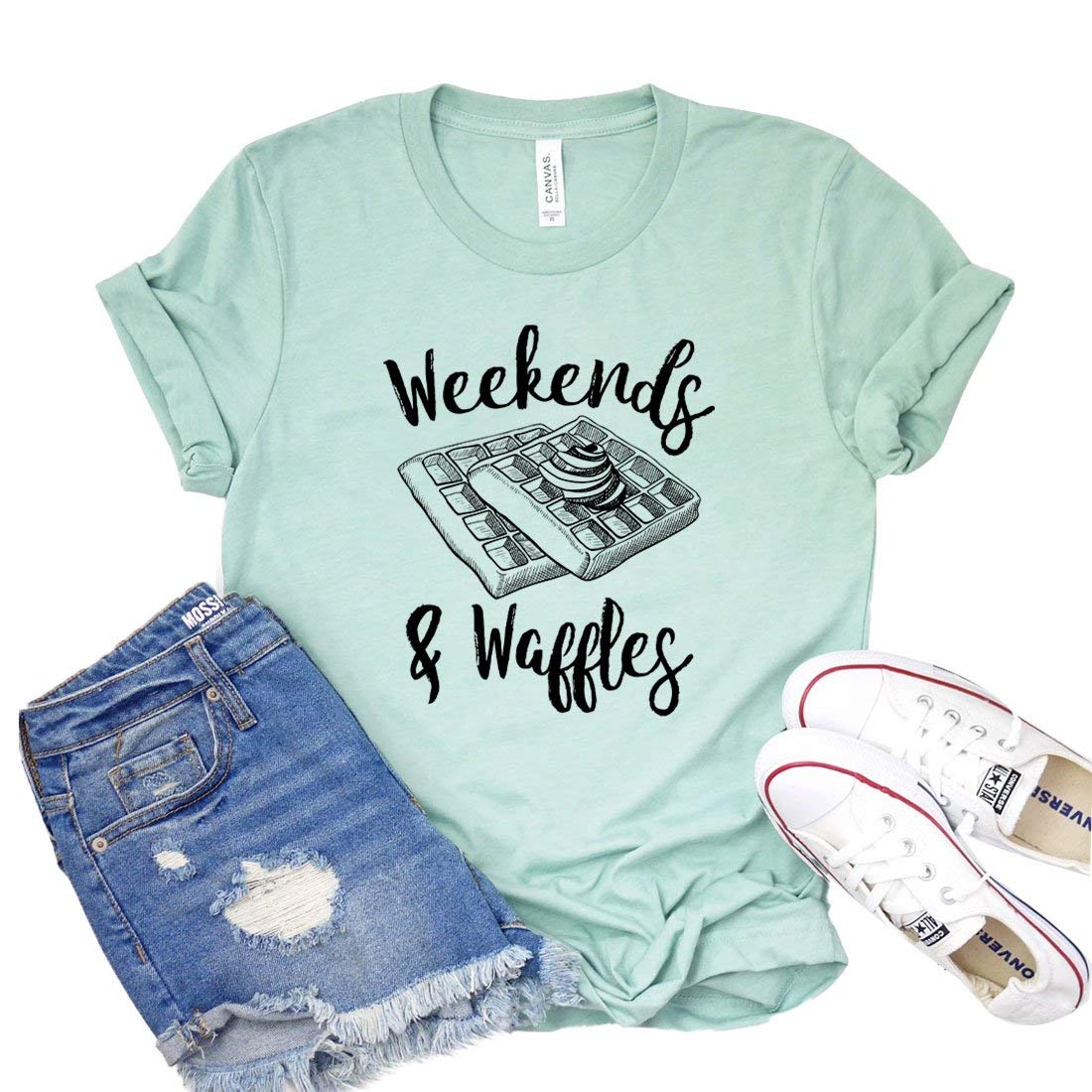 JaneseApparel Women's Weekends and Waffles Graphic T-Shirt - Cute Foodie Tee for Brunch, Parties & Snack Lovers - Funny Waffle Shirt Gift Idea for Women - Perfect for Casual Outings, Girls' Night & Breakfast Dates