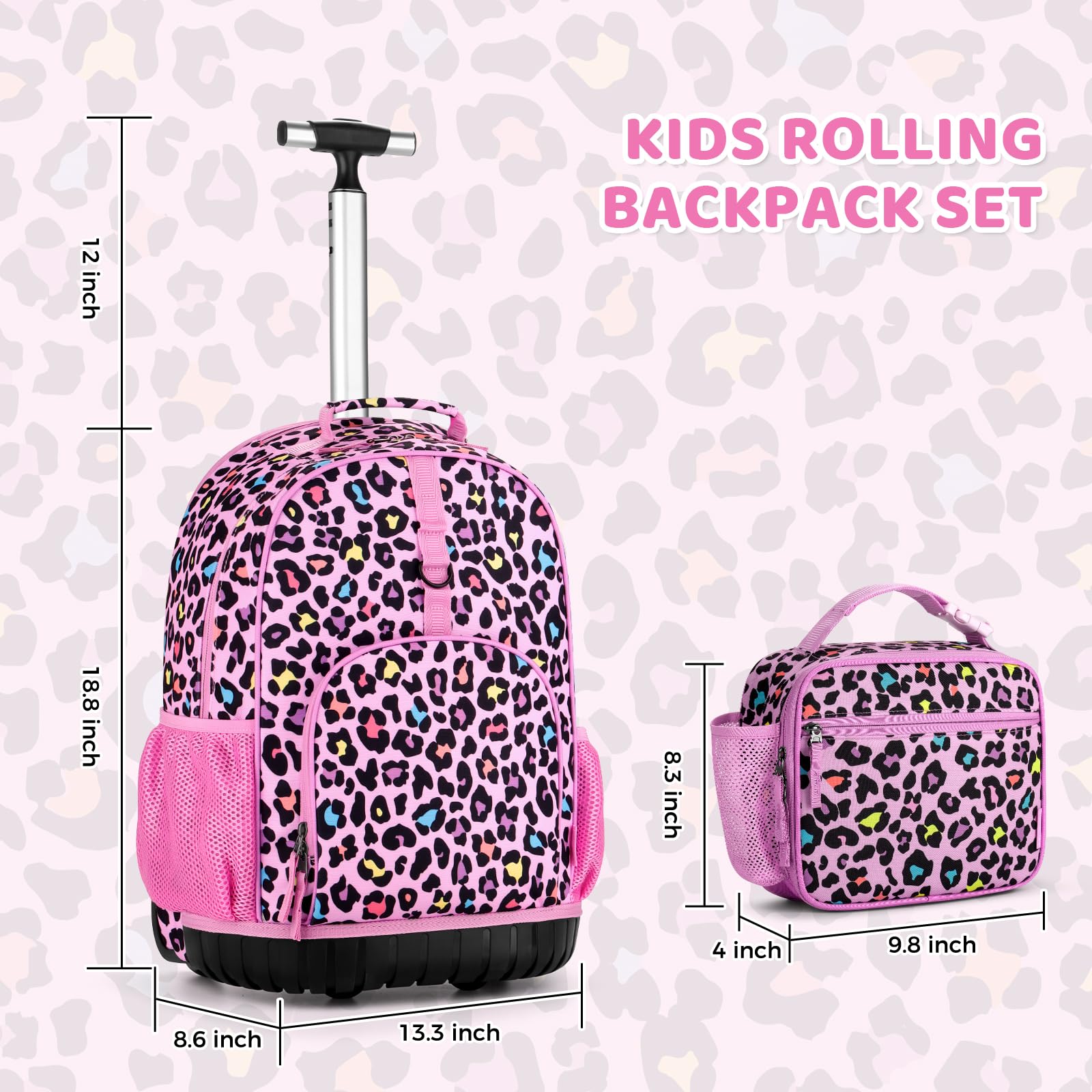 Choco Mocha 18 Inch Rolling Backpack for Girls - Kids Travel Roller Bookbag with Wheels & Matching Lunch Bag Set - Leopard Cheetah Pink Print - Perfect for Elementary School, Airplane Travel & Daily Commute