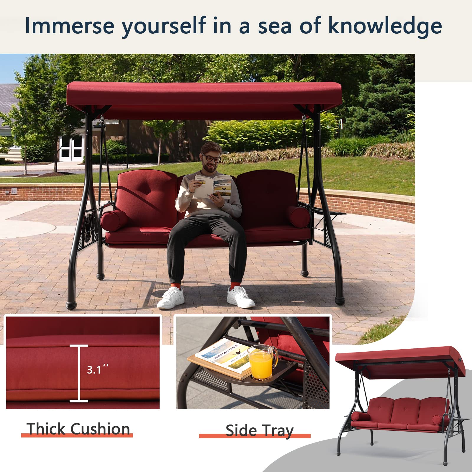 NOBLEMOOD 3-Seat Outdoor Patio Swing with Adjustable Canopy - Waterproof Cushion & Foldable Side Tray - Perfect for Backyard, Garden, Porch Relaxation - Ideal for Spring & Summer Outdoor Lounging