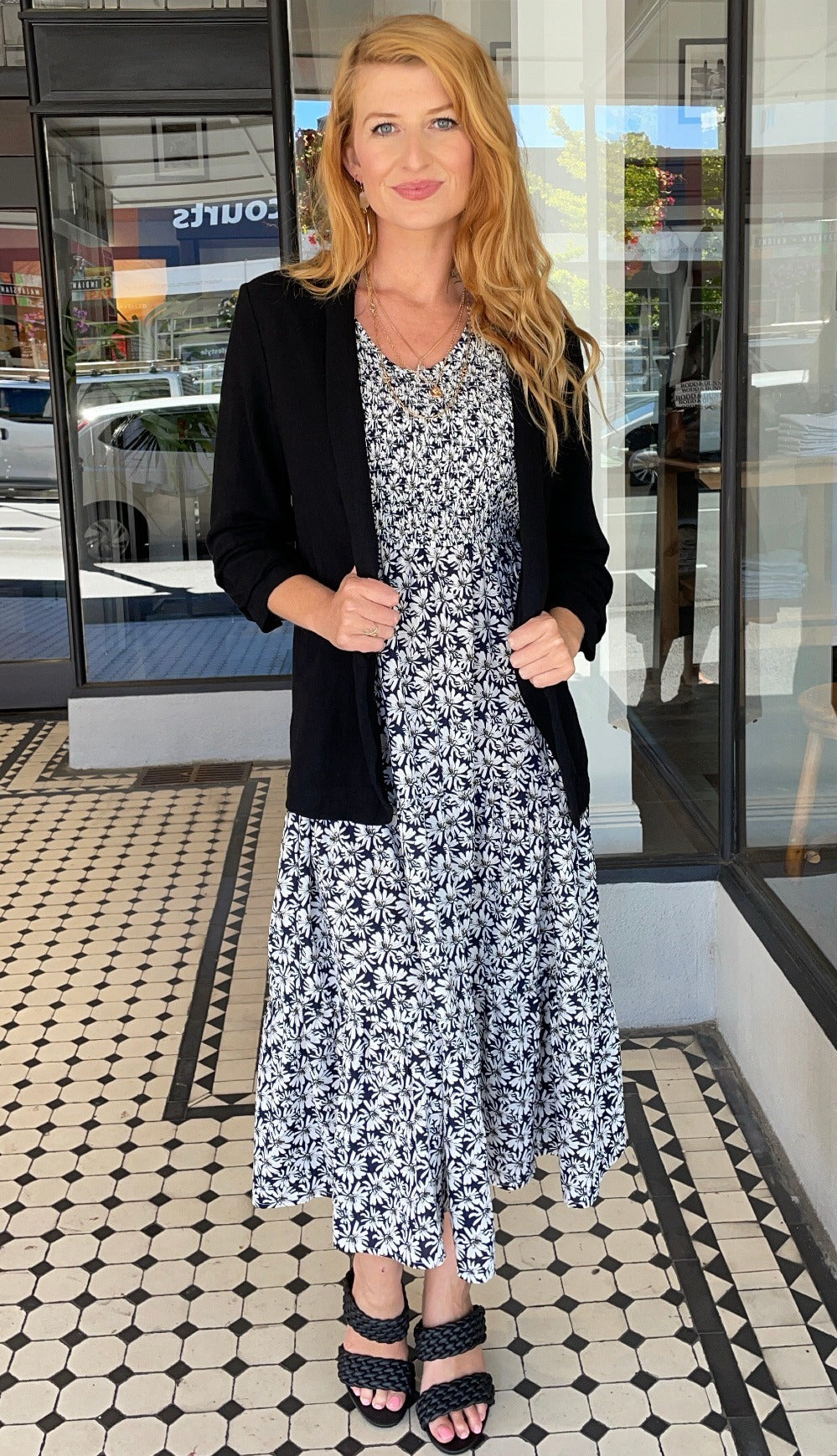Sheila Smocked Bodice V-Neck Midi Dress in Navy Blue - Perfect for Summer Weddings, Garden Parties & Casual Outings