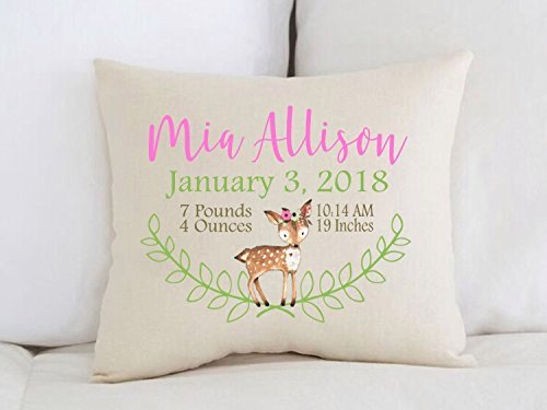 Personalized Baby Nursery Pillow - Custom Newborn Gift with Birth Stats - Woodland Deer Theme for Baby Girls - Perfect for Nursery Decor, Baby Showers & First Birthday Presents