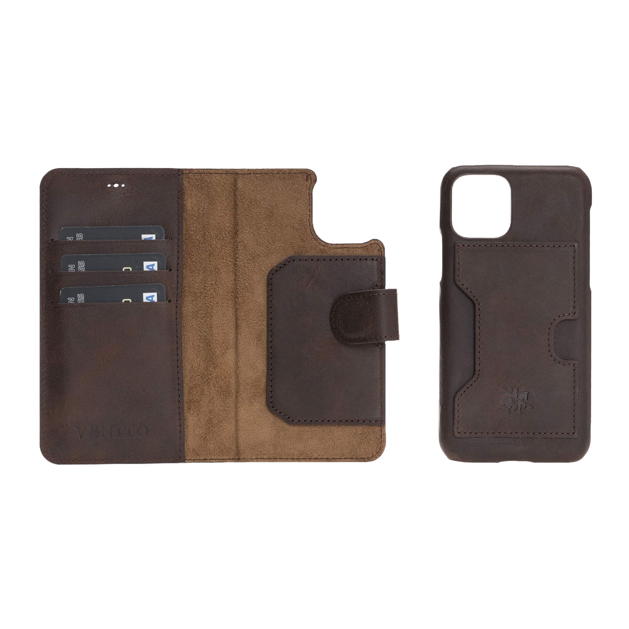 Venito Florence Genuine Leather Wallet Phone Case for iPhone 11 Pro - RFID Blocking Protection - Detachable Design (Coffee Brown) - Perfect for Travel, Business & Everyday Use