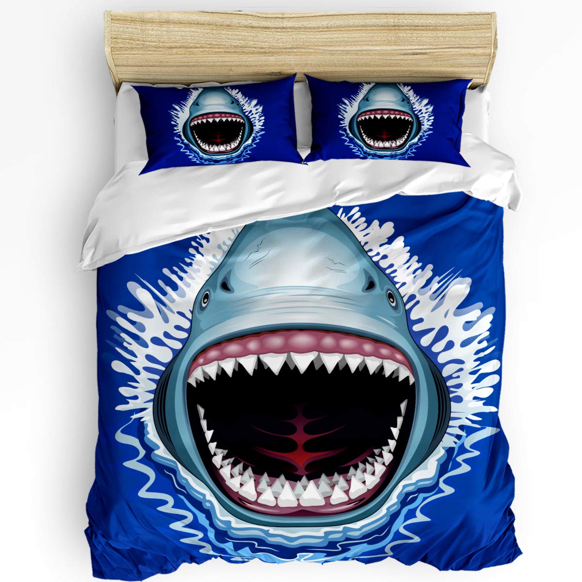 3 Piece Ocean Animal Cartoon Shark Duvet Cover Set with Zipper Closure - Soft Breathable Bedding Includes 2 Pillow Shams (Comforter Not Included) for Kids' Bedroom, Teen Room or Beach Themed Decor