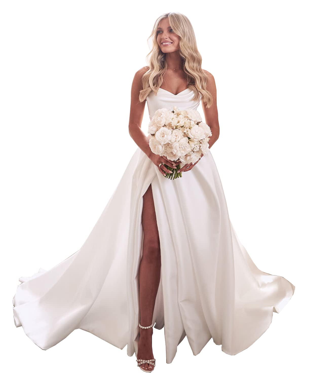 Mollyevers Women's Cowl Neck Satin Wedding Dress 2022 - Elegant Court Train Bridal Gown with Thigh Slit for Bride | Perfect for Church Ceremony, Reception & Formal Events
