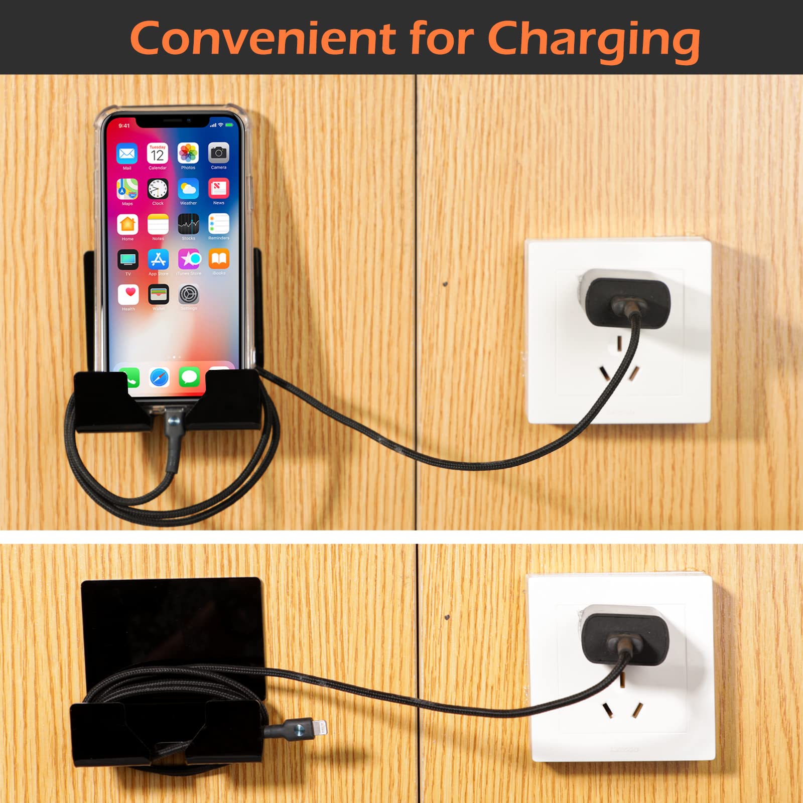 2-Pack Kamehame Wall Mount Phone Holder - Adhesive Charging Stand & Smartphone Organizer Bracket for iPhone, Samsung & All Phones - Home & Office Use (Black) | Perfect for Kitchen, Bedroom, Bathroom & Car Mounting