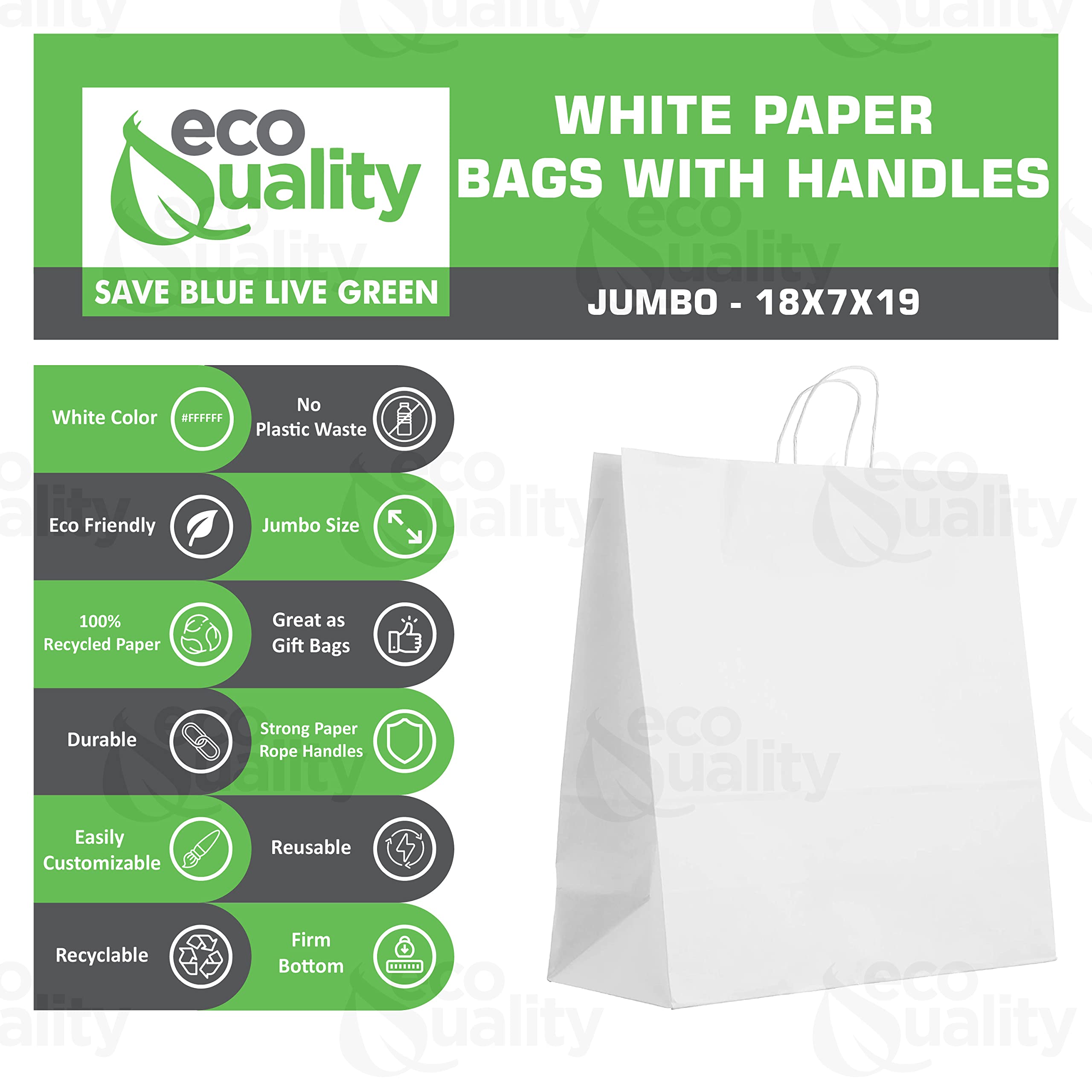 EcoQuality Large White Kraft Paper Bags with Handles 18x7x19 inches - 200 Pack | Reusable & Durable Shopping, Gift, Party, Grocery Bags | Eco-Friendly Lunch Bags for Retail, Merchandise & Everyday Use