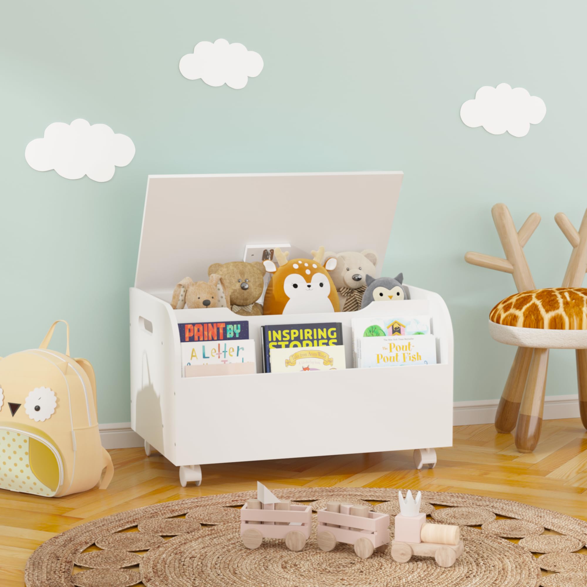 **Wooden Toy Chest with Bookshelf & Storage Organizer – Flip-Top Lid, Safety Hinge, 4 Universal Wheels – Kids Toy Box for Playroom & Bedroom Organization (White) – Perfect for Boys & Girls Toys, Books & Room Decor**
