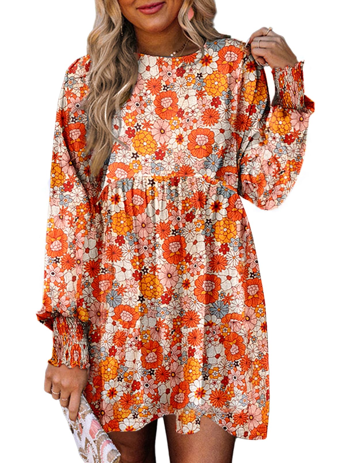 Dokotoo Women's Floral Boho Mini Dress - Long Sleeve Babydoll Swing Shift Dress for Spring Summer 2025 | Perfect for Casual Outings, Date Nights & Beach Vacations