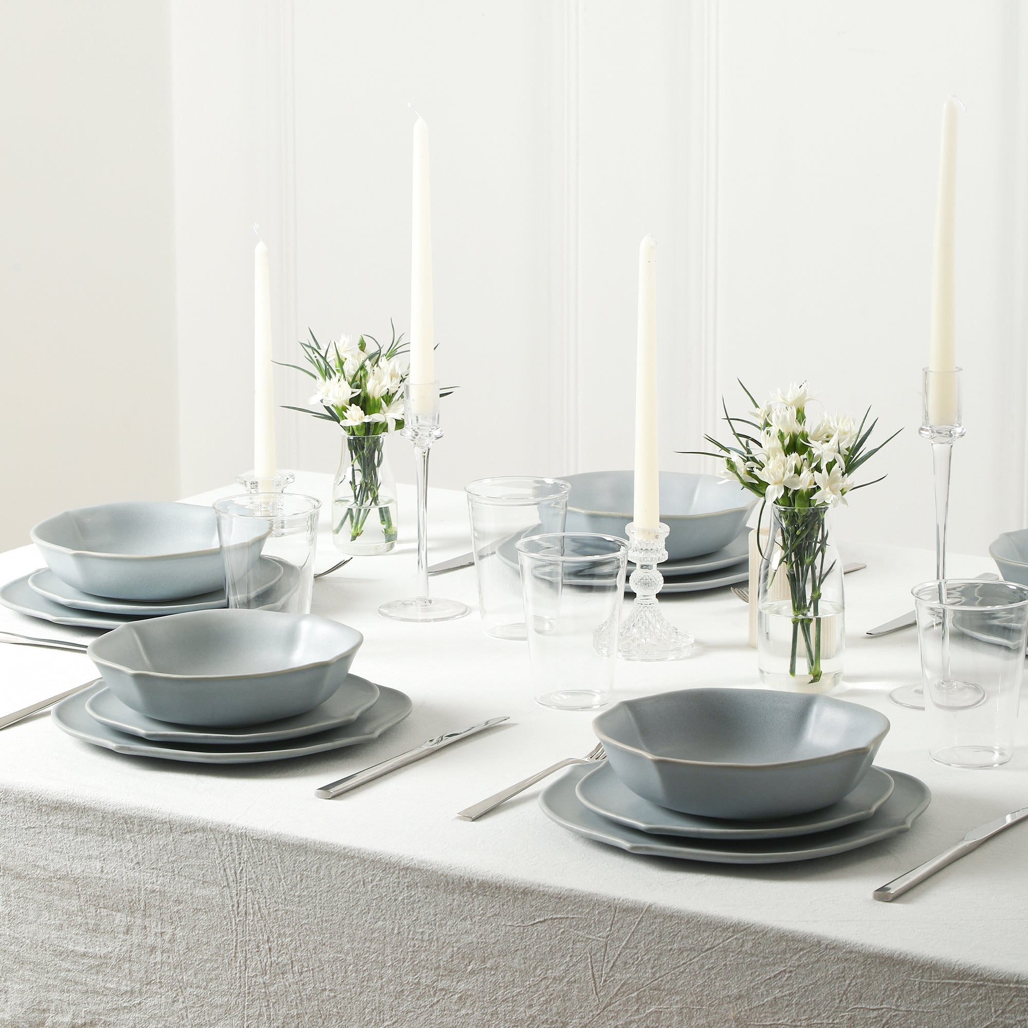 Stone Lain Baskerville Stoneware 16-Piece Dinnerware Set with Glassware in Light Blue - Elegant Table Setting for Family Dinners & Entertaining Guests