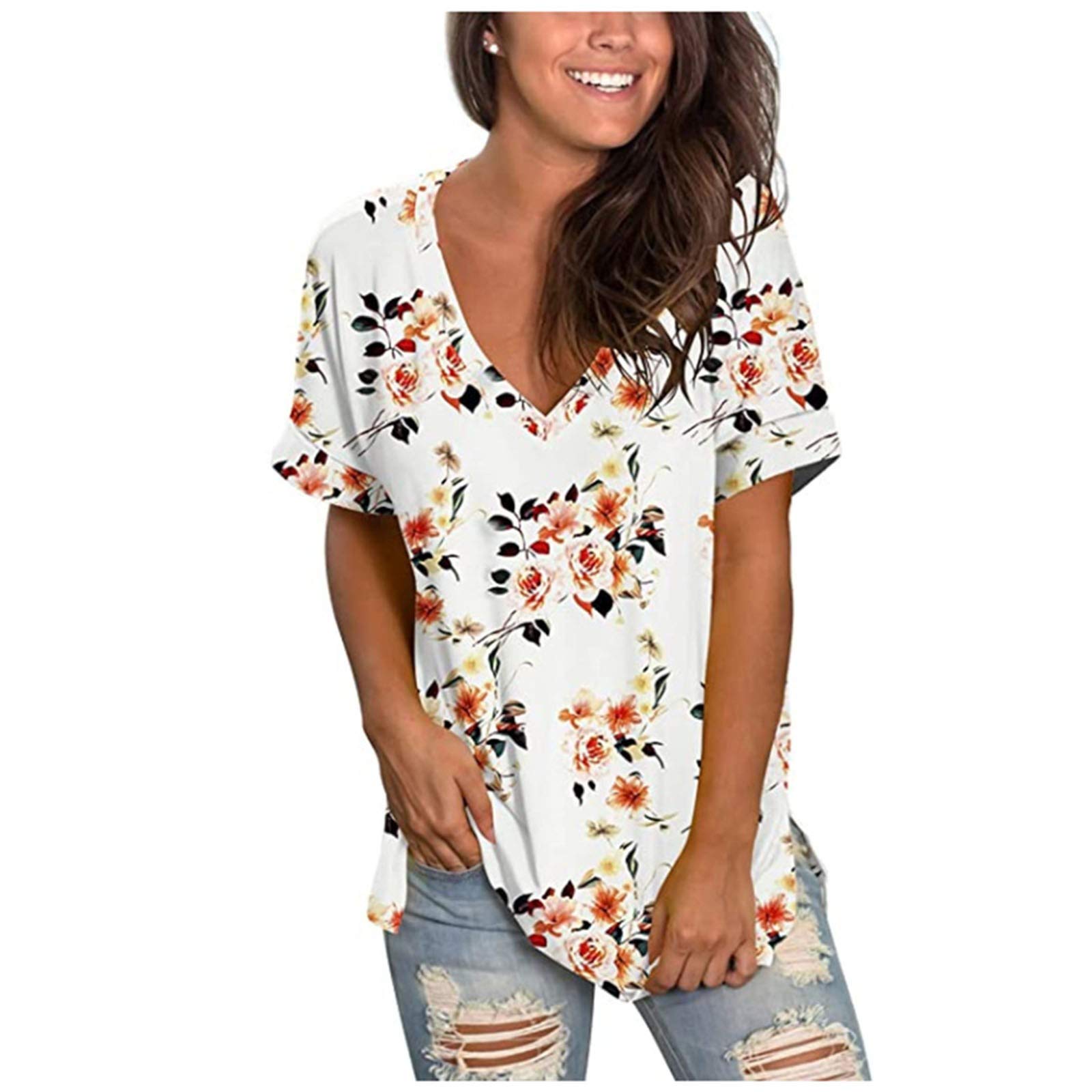 Women's V-Neck Tie-Dye Short Sleeve T-Shirt - Floral Printed Casual Summer Top for Women | Perfect for Beach Outings, Music Festivals & Everyday Wear