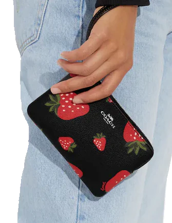 Coach Corner Zip Wristlet with Wild Strawberry Print - Stylish Crossbody Wallet for Women - Perfect for Everyday Use, Travel, and Parties