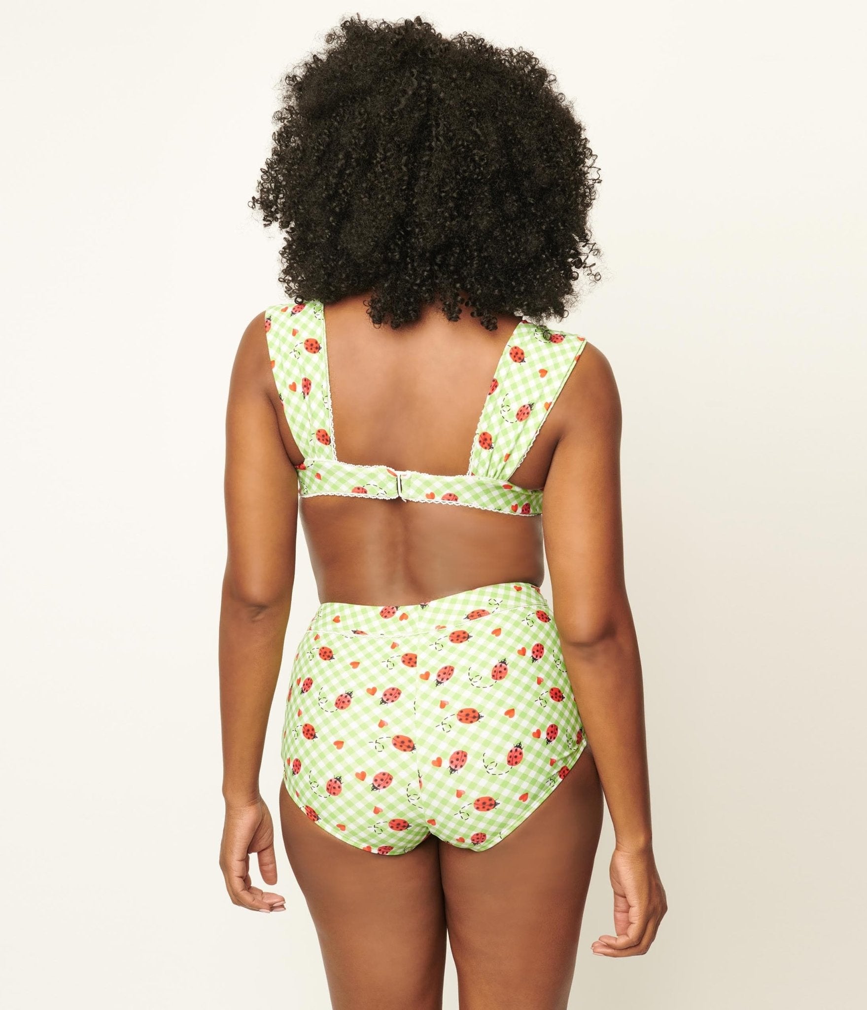 Vintage Green Gingham Ladybug Print Ruched Swim Top - Retro Style One Piece Bathing Suit for Women, Perfect for Beach Vacation, Pool Party & Summer Getaways