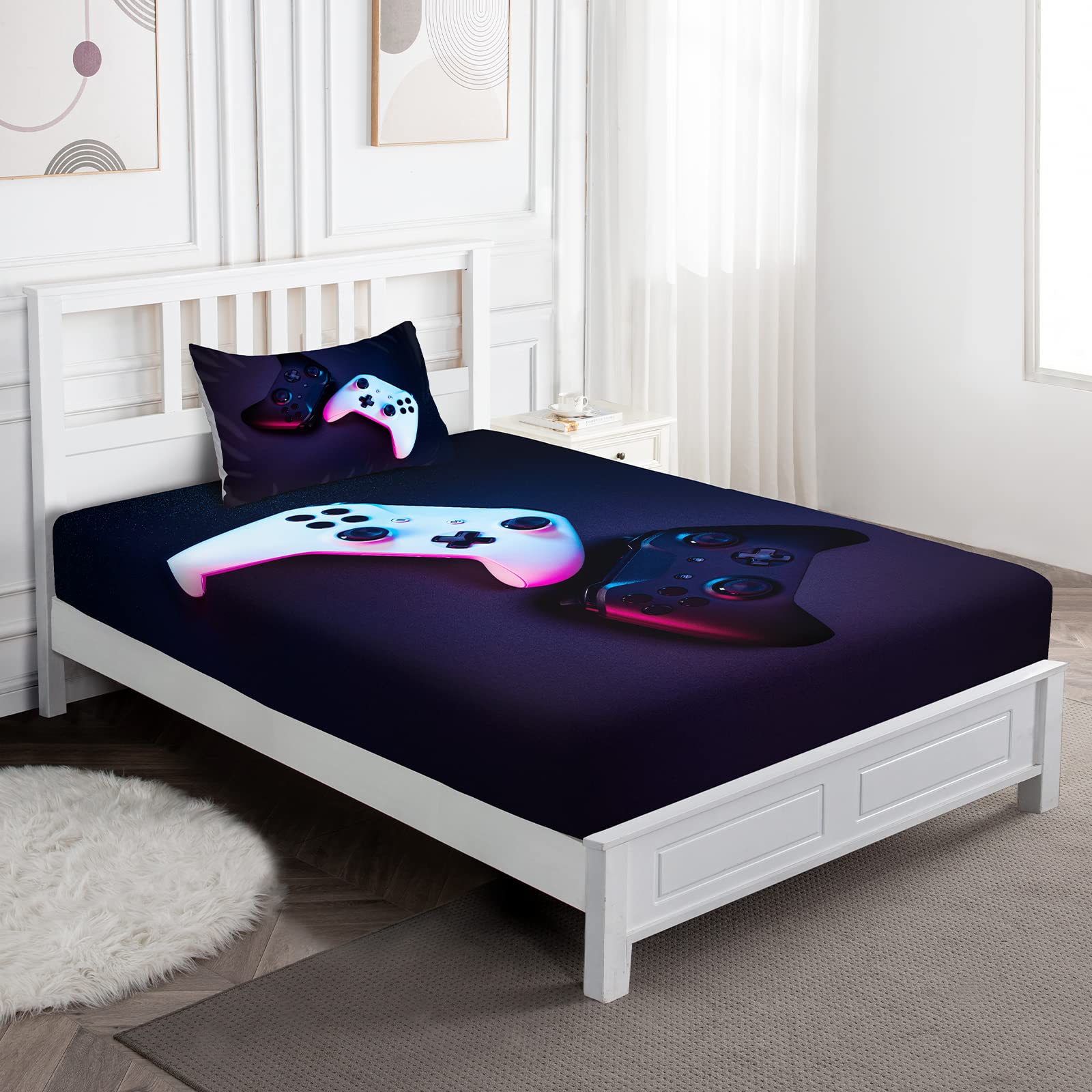 Jekeno Twin Size Gamer Bedding Set for Kids & Teens - Video Game Themed Fitted Sheet & Pillowcase with Gamepad & Controller Design - Perfect for Boys' Bedroom Decor & Gaming Enthusiasts