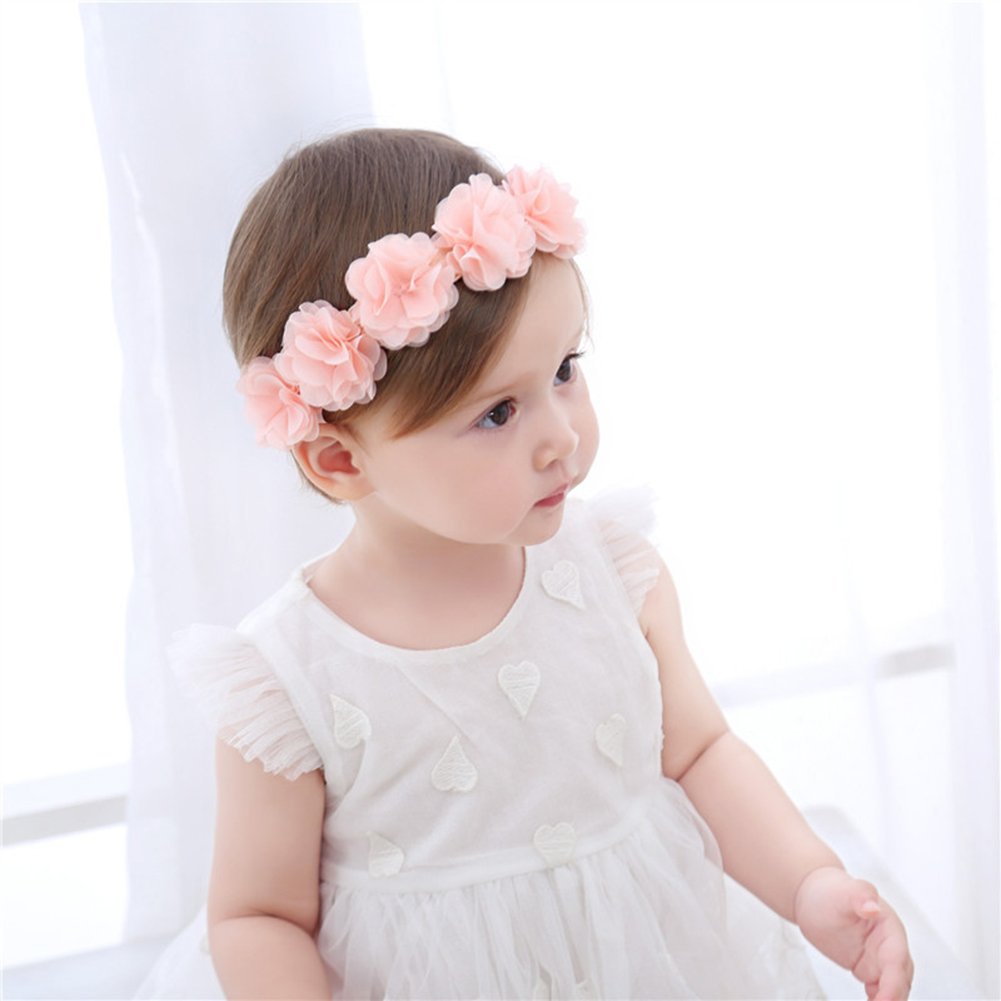 Baby Girls Elastic Chiffon Flower Headbands with Hand-Sewn Beads - Princess Hair Accessories for Birthday Parties, Photography & Special Occasions