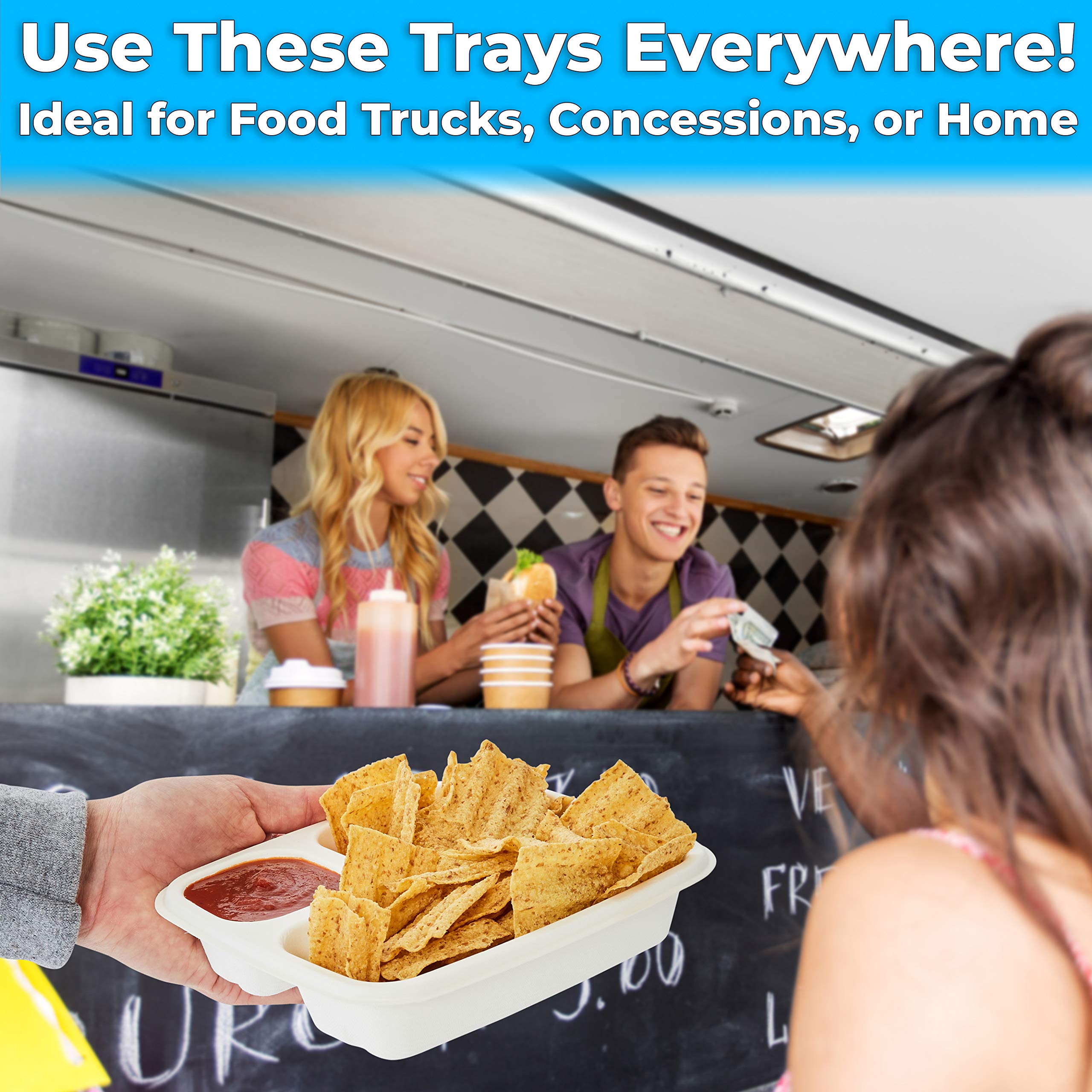 Leak-Free Compostable Bagasse Nacho Trays 300 Pack - Large 2-Compartment Microwave Safe Biodegradable Sugarcane Serving Trays - Durable Divided Holder for Snacks, Nachos, Cheese, Chips & Salsa - Perfect for Parties, Movie Nights & Catering Events