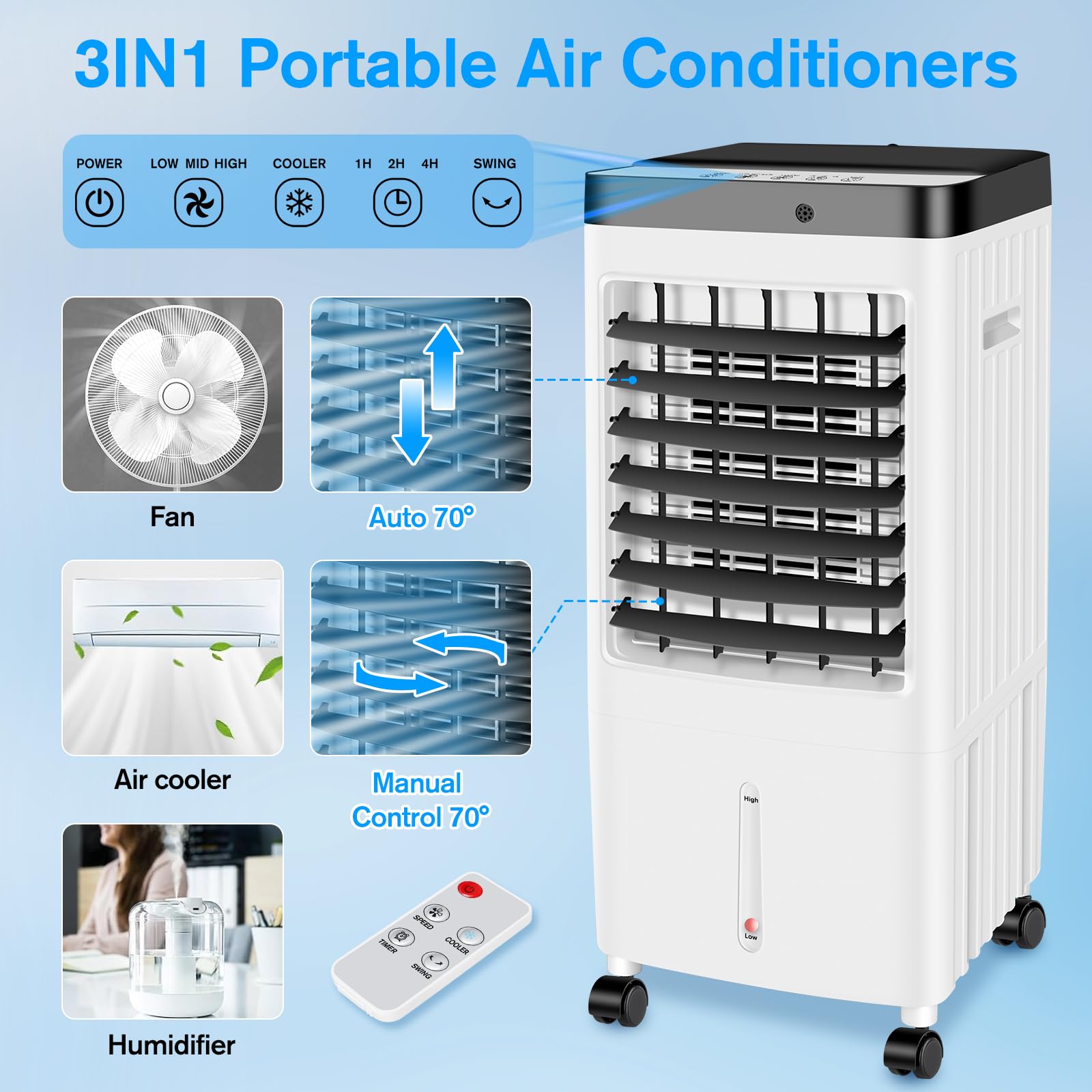 Portable Air Conditioner 3-in-1 with 3.2 Gallon Water Tank - Evaporative Cooler, AC Unit with Timer, 3 Speed Settings & 80° Oscillation - Perfect for Bedroom, Kitchen, Office & Home Cooling