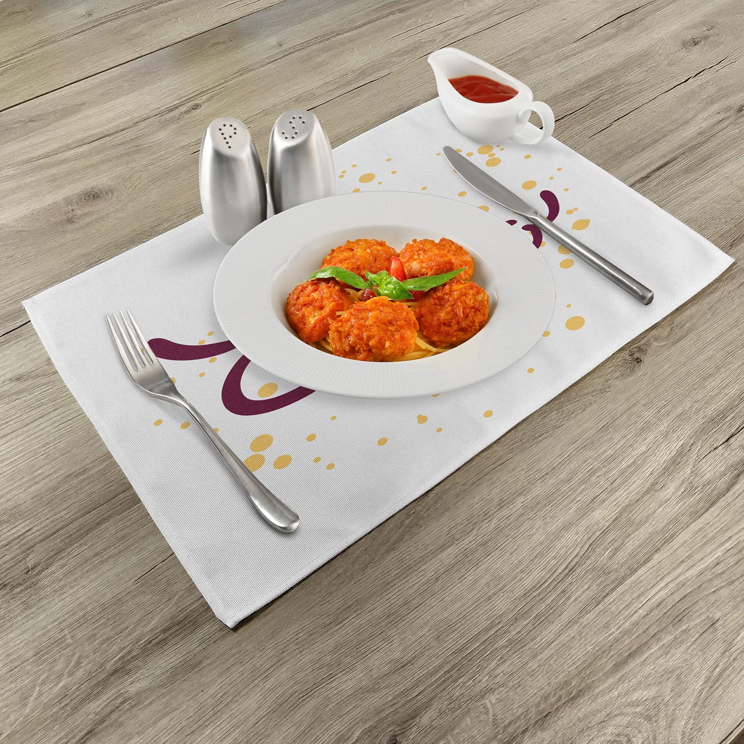 Ambesonne Emma Placemats Set of 4 - Handwritten Letter Design with Swirls on Plain Background, Washable Fabric Table Mats for Dining Room Decor, Standard Size (Mustard & Purple) - Perfect for Dinner Parties, Family Gatherings & Home Styling