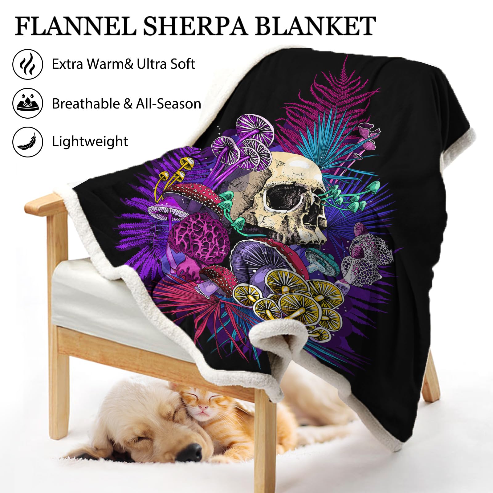 Soft Plush Mushroom Skull Throw Blanket 50x60 Inches - Gothic Sherpa Fleece Blanket for Couch, Sofa & Bed - Cozy Fluffy Blanket for Halloween, Christmas Gifts & Home Decor