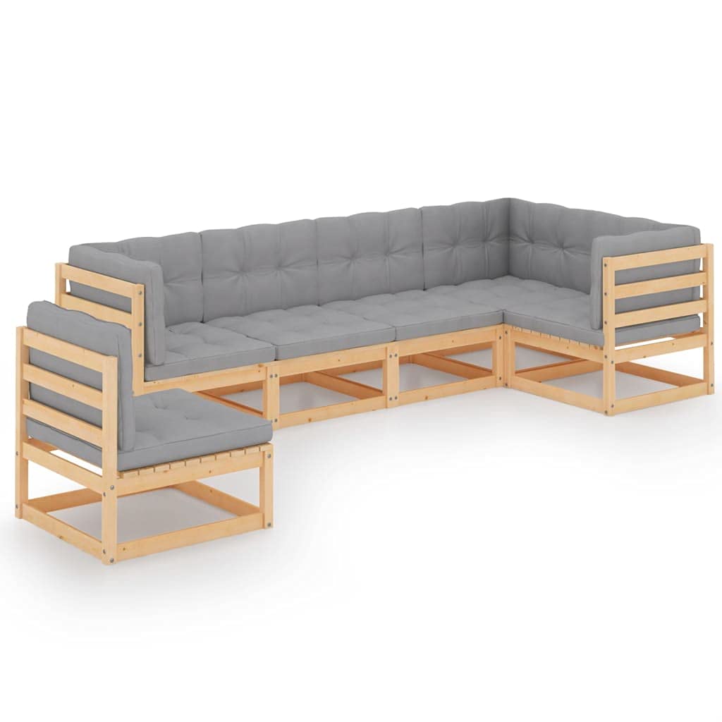 vidaXL 6-Piece Pinewood Patio Lounge Set with Gray Cushions & Retro Design - Outdoor Furniture for Garden, Poolside & Backyard Relaxation - Easy Home Assembly