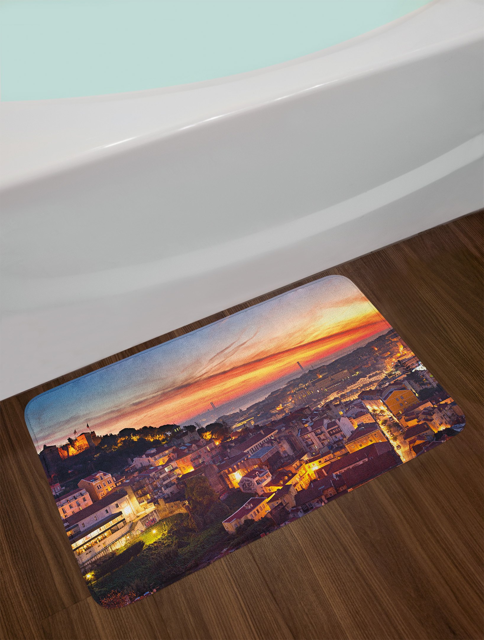 Ambesonne Lisbon Portugal Cityscape Bath Mat - Non-Slip Plush Bathroom Rug with Traditional Seaside Sunset Design, 30.2 x 20 Inches, Brown - Perfect for Coastal Themed Bathrooms & Home Decor