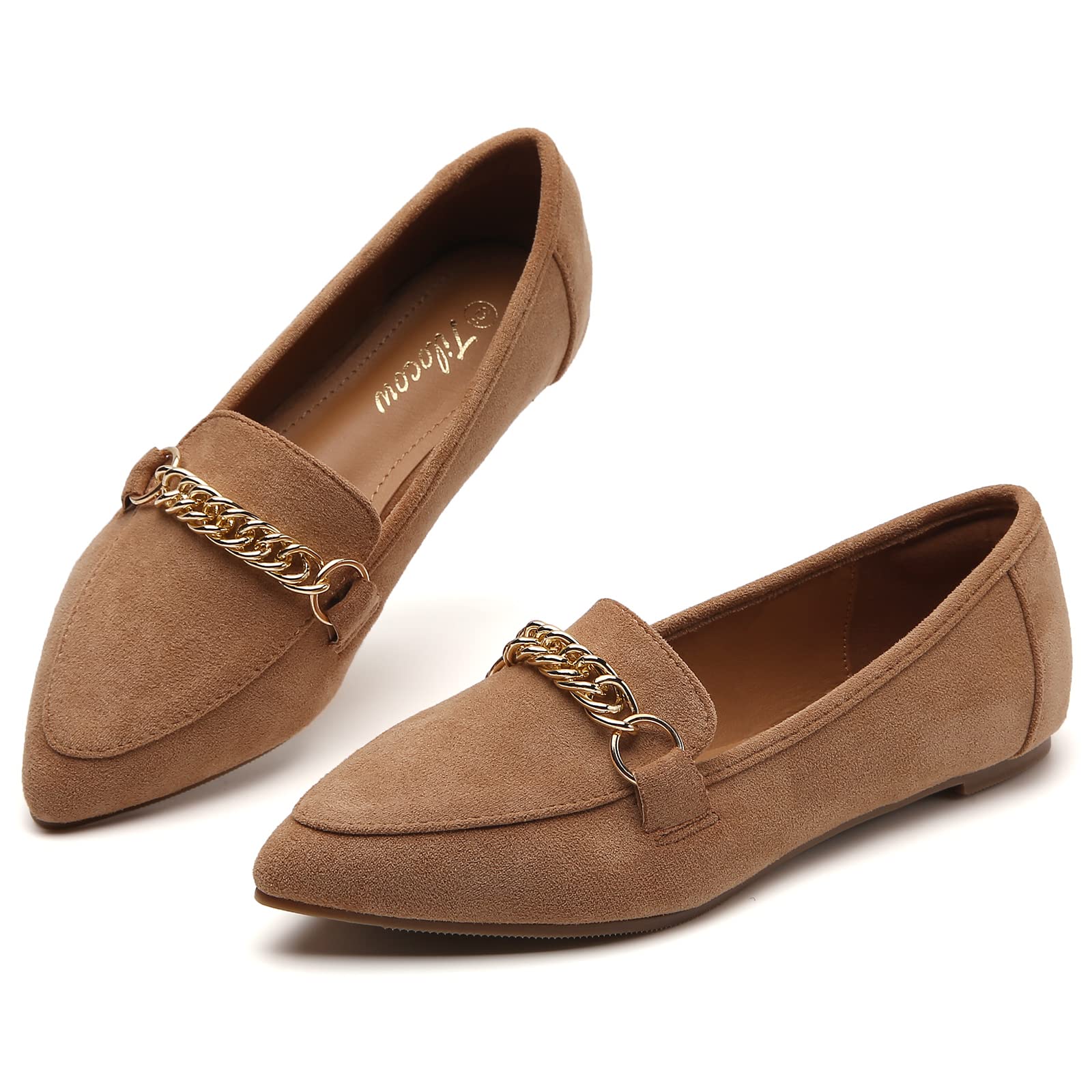 Tilocow Women's Pointy Toe Chain Link Loafers - Slip On Ballet Flats Comfortable Smoking Shoes for Work, Office & Casual Wear