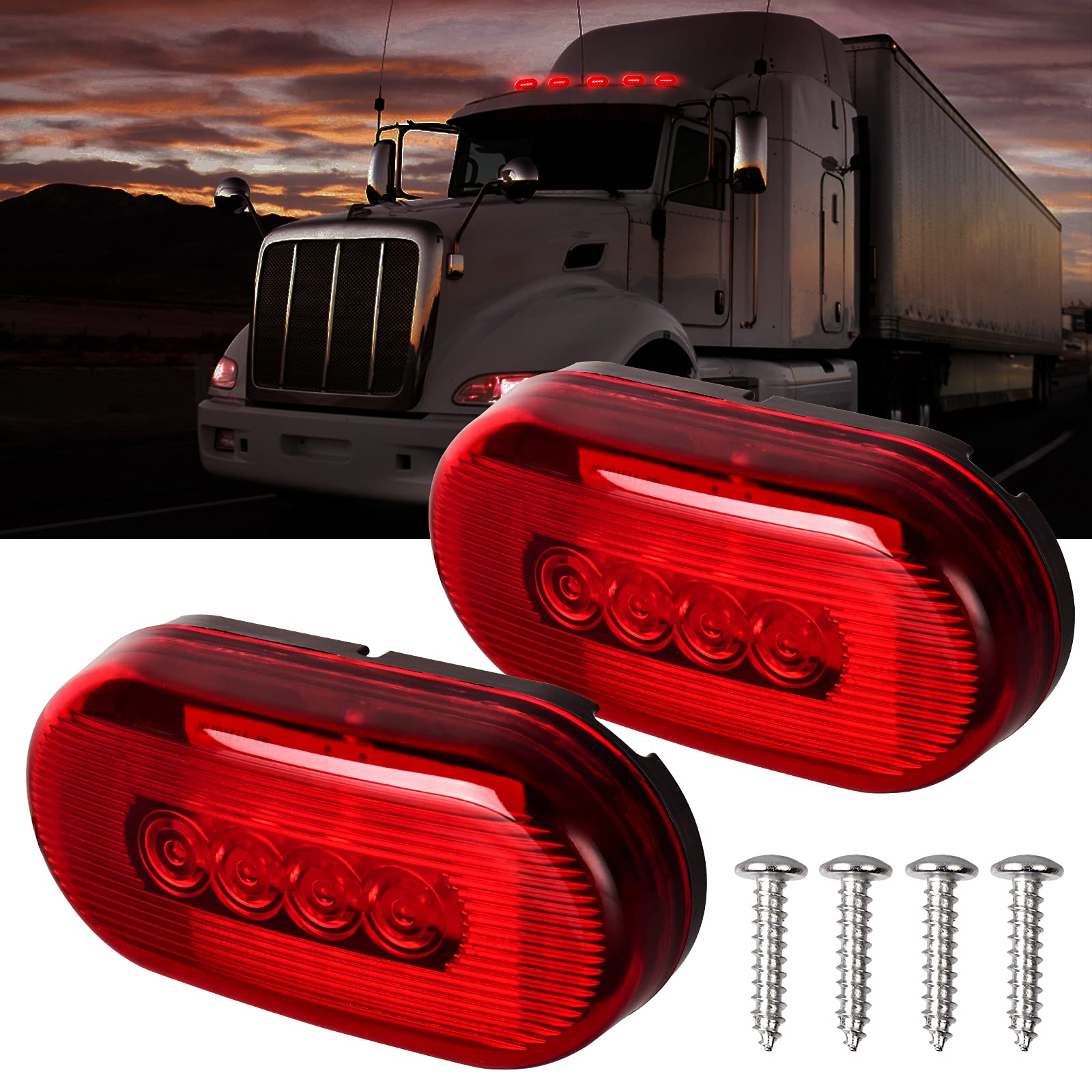 2Pcs 4x2 Inch Oval Red LED Side Marker Lights - 10 Diodes Waterproof Surface Mount Clearance Lights for RV, Trailer, Truck & Camper - Black Base - Perfect for Nighttime Visibility & Road Safety
