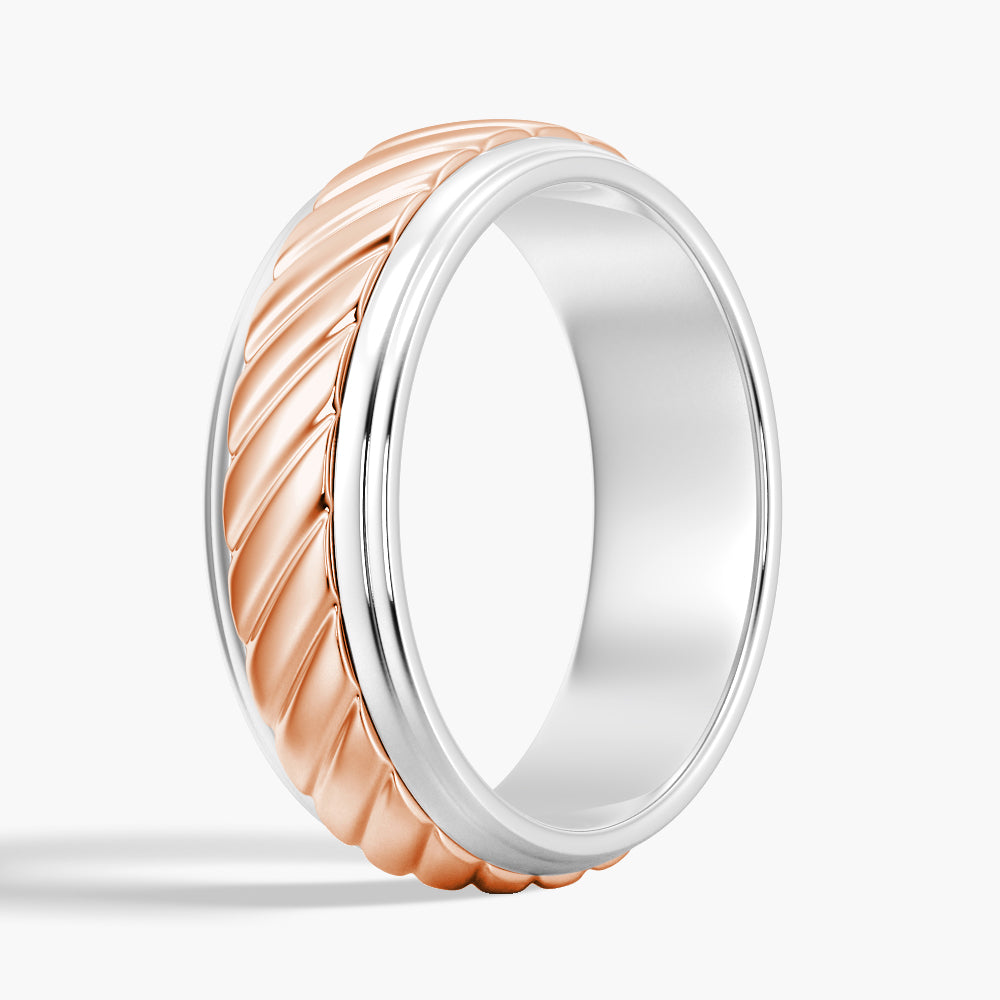 7mm Two-Tone Carved Men's Wedding Band Ring - 14K Gold & Sterling Silver - Elegant & Durable for Weddings, Anniversaries & Special Occasions
