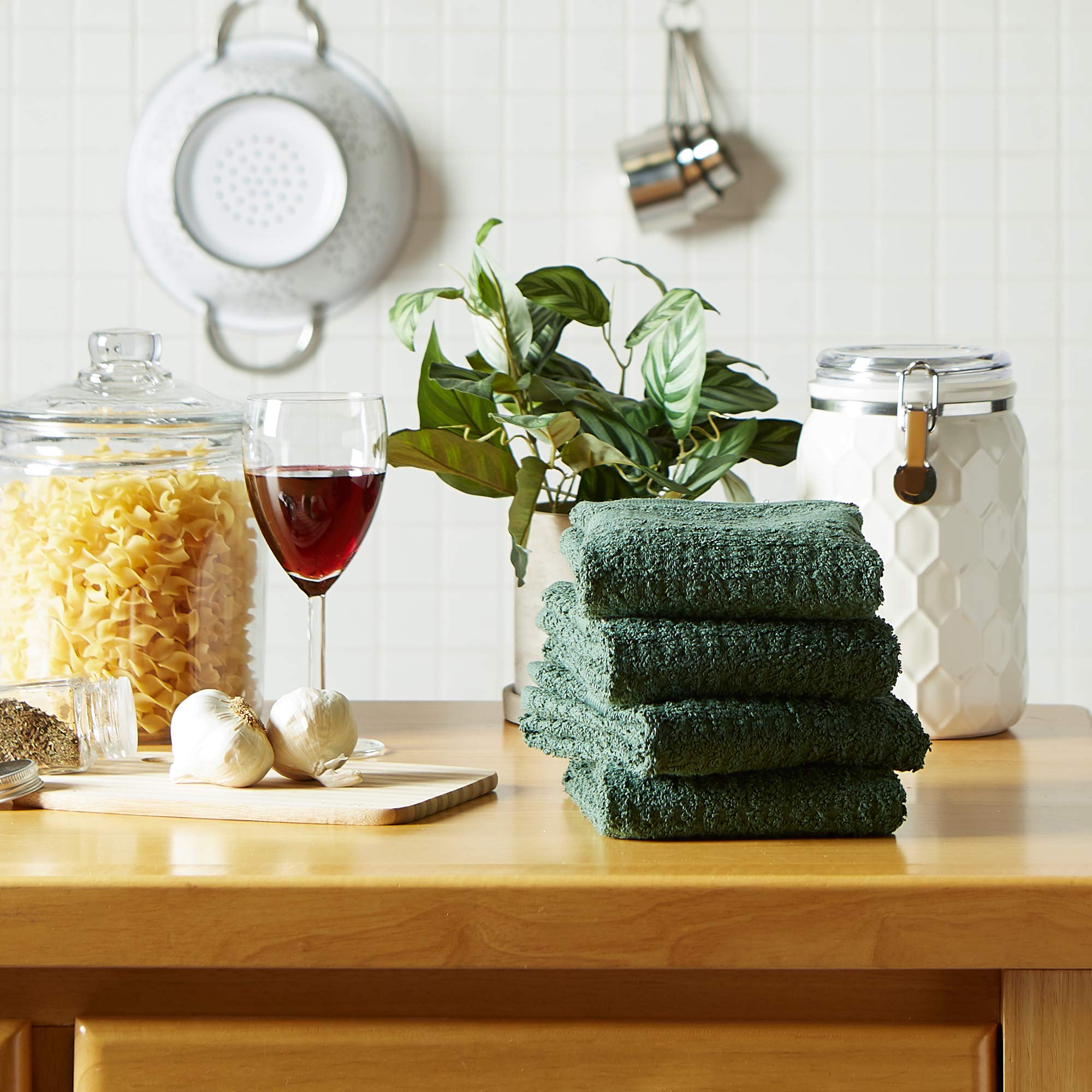 DII Basic Terry Collection Waffle Dishtowel Set - 4-Piece 15x26 Inch Kitchen Towels in Solid Dark Green | Absorbent & Durable for Dish Drying, Hand Wiping & Kitchen Cleaning