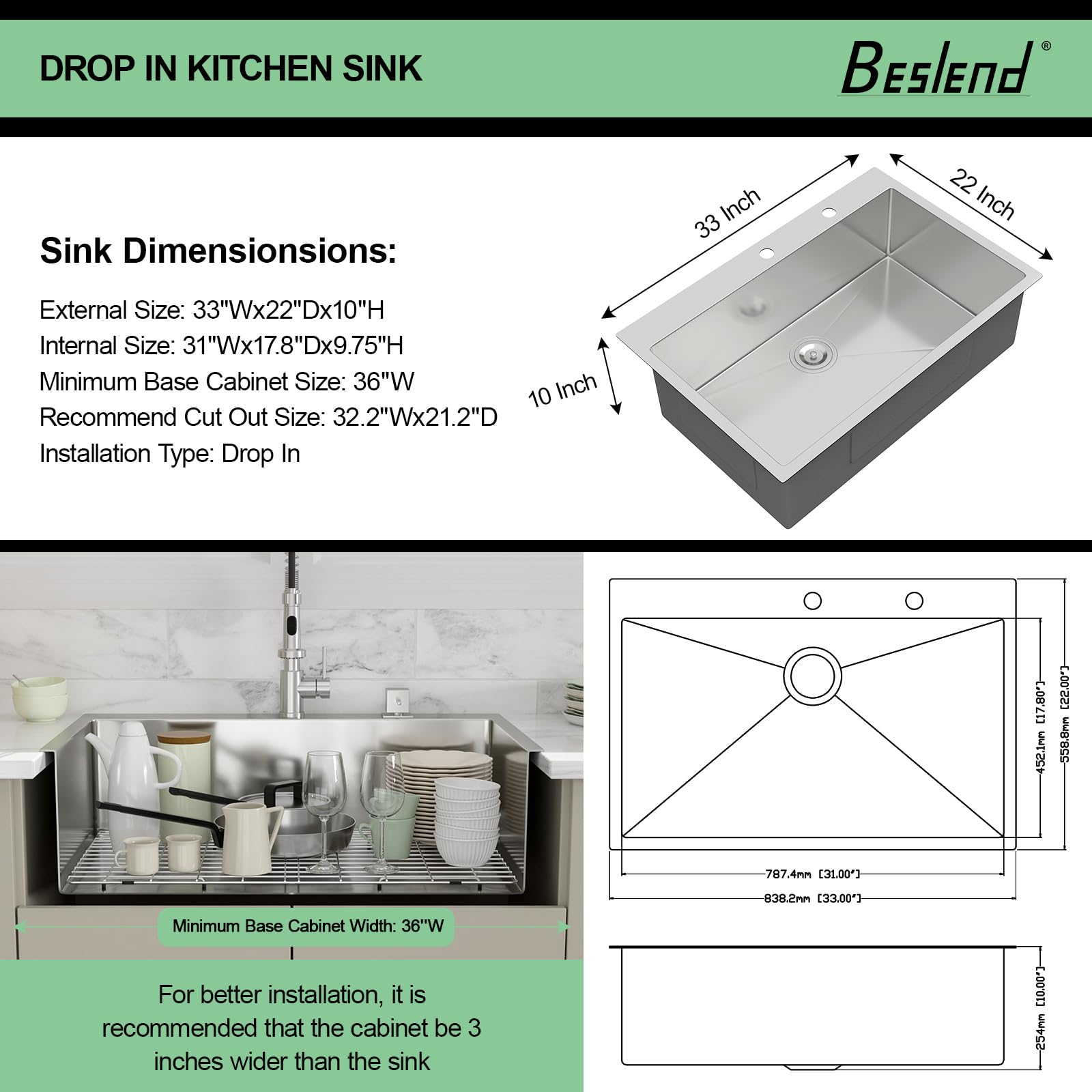33x22 Inch Drop-In Kitchen Sink - Beslend 16 Gauge Stainless Steel Single Bowl Topmount Sink, Handmade for Durability | Perfect for Modern Kitchens, Restaurant Prep & Busy Households
