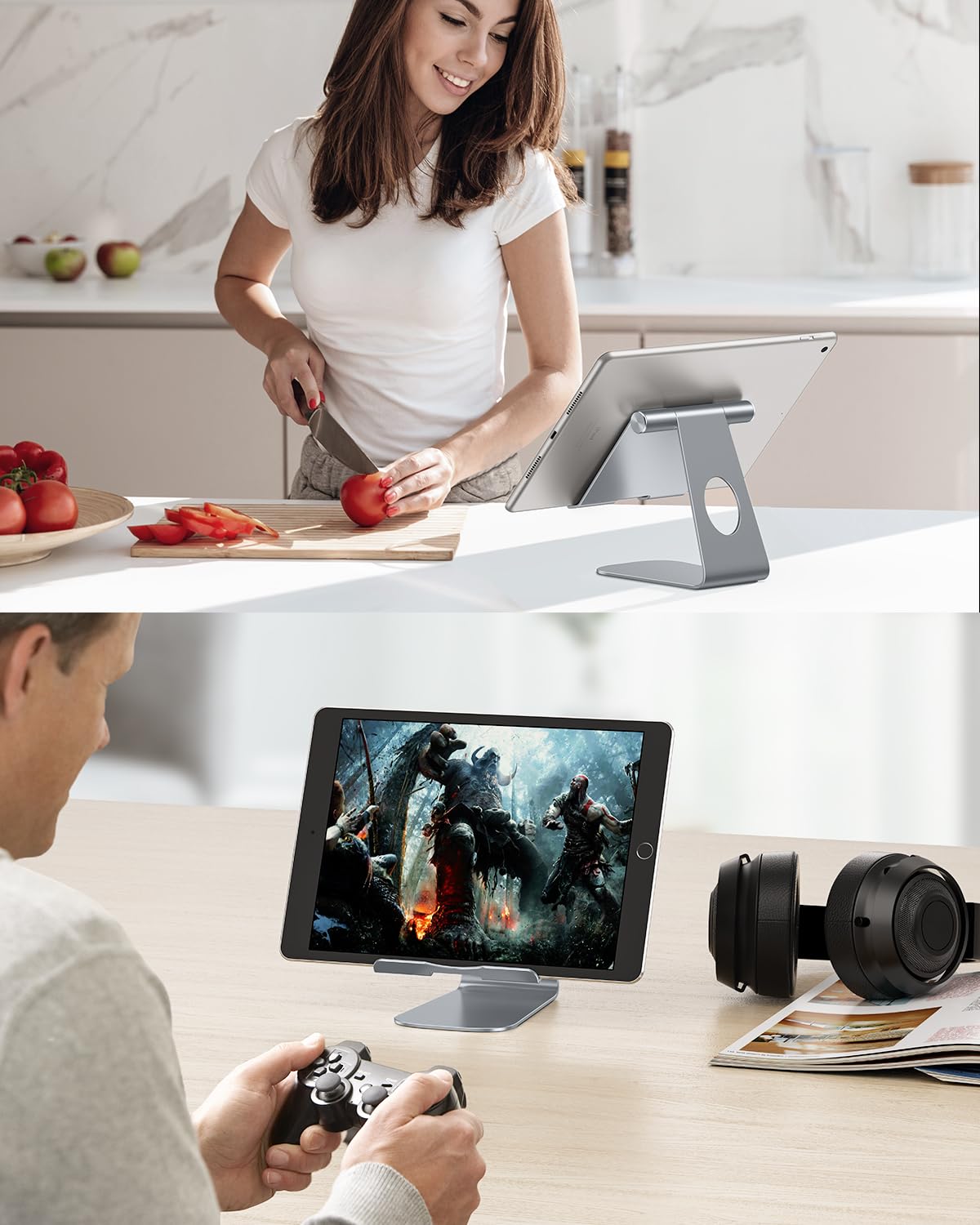 OMOTON Adjustable Aluminum Tablet Stand Holder - Compatible with iPad Air/Mini, iPad 10.2, iPad Pro 11/12.9, Samsung Galaxy Tab & More (Up to 12.9