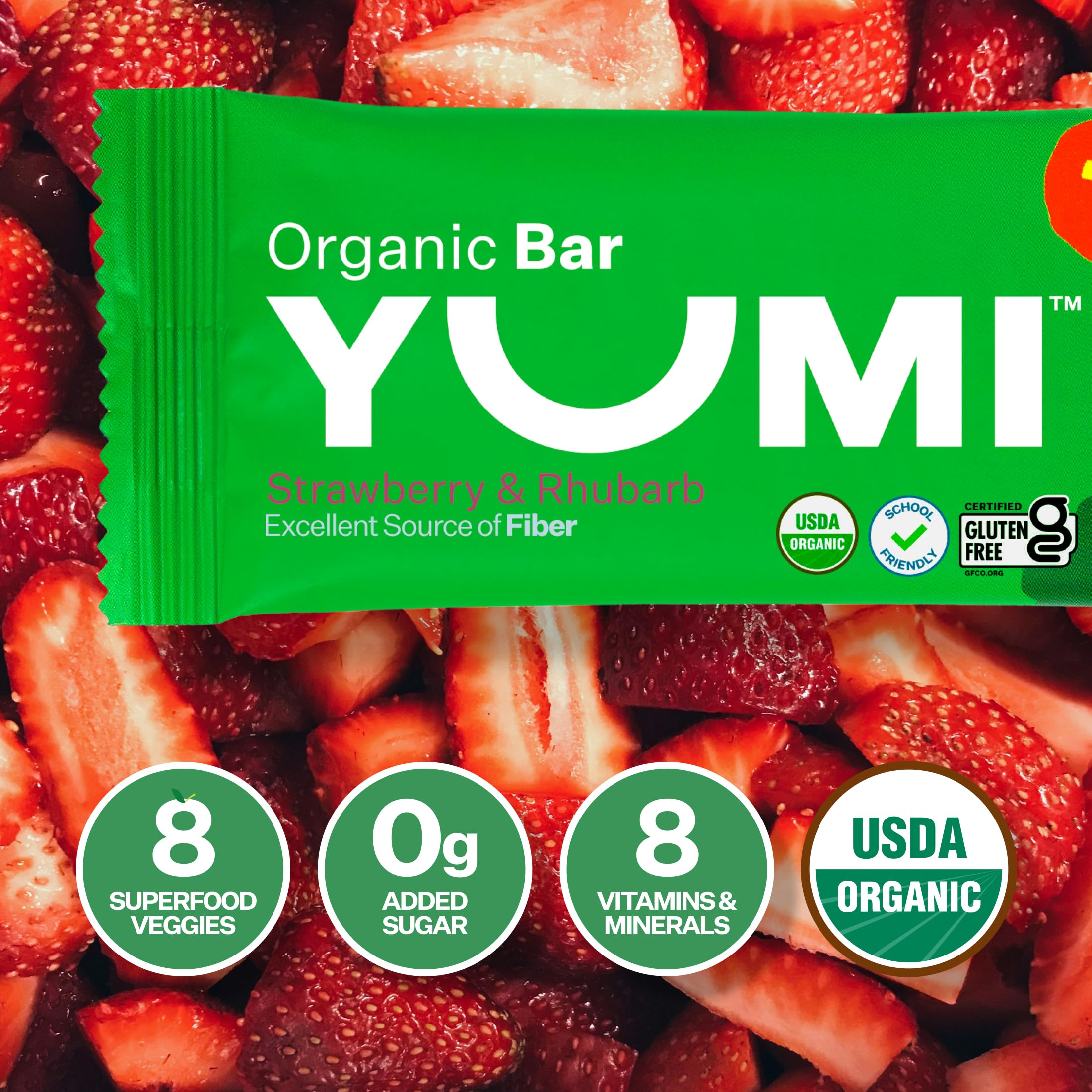 Yumi Organic Toddler Snacks Bars - Gluten-Free, No Added Sugar, 7+ Vegetables, Soft-Baked, Healthy Kids Snack for School, Lunch Boxes & On-The-Go (Strawberry Rhubarb, 30 Count) - Perfect for Preschool Snack Time, Road Trips & After-School Treats