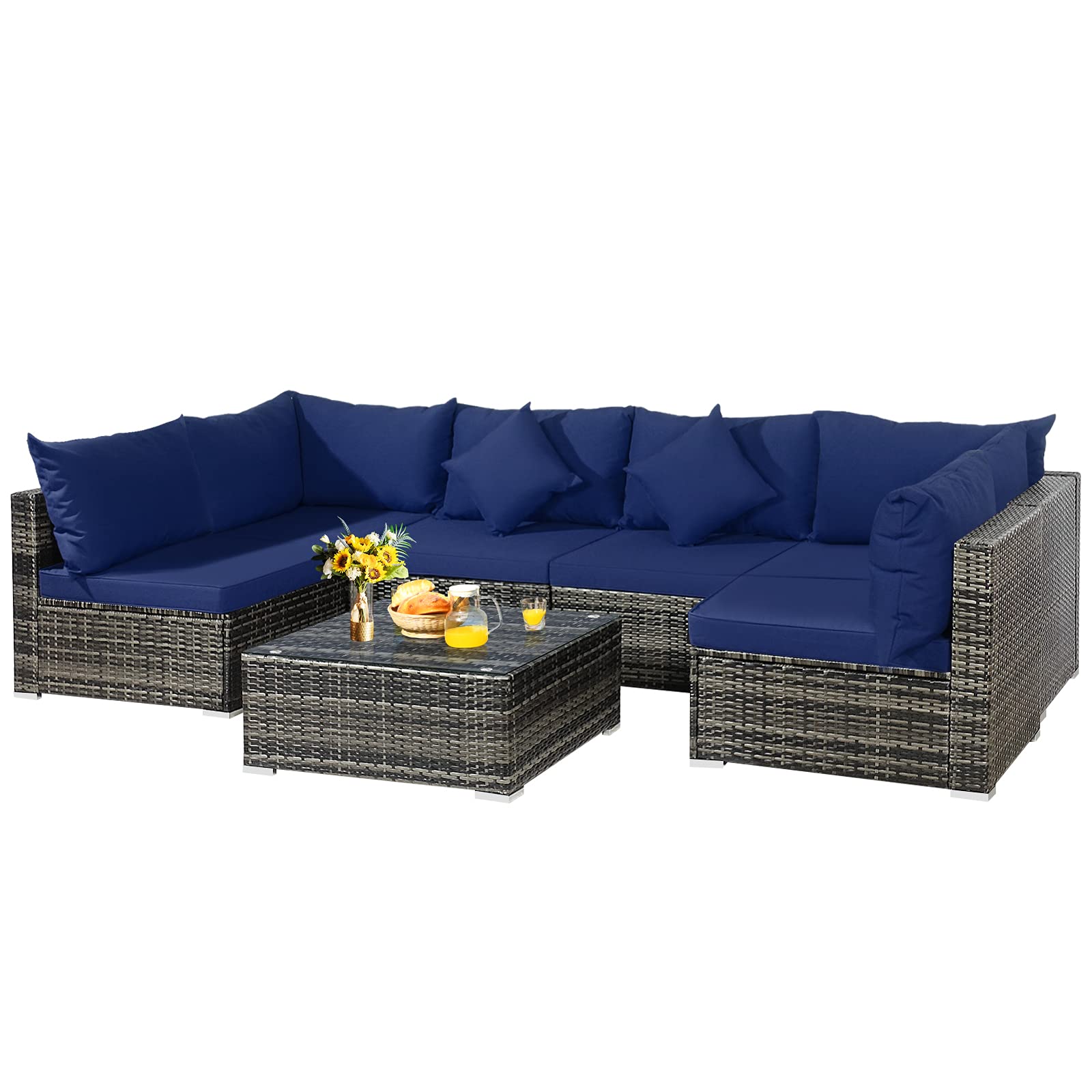 7-Piece Outdoor Patio Furniture Set - All-Weather PE Rattan Sectional Sofa with Cushions & Tempered Glass Coffee Table - Navy Blue Conversation Set for Backyard, Garden, Poolside or Deck Relaxation