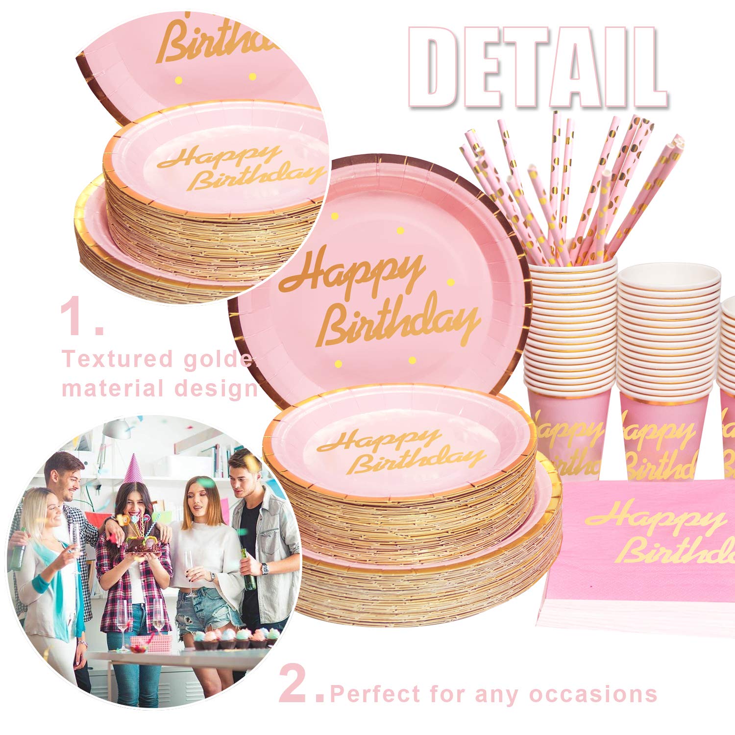 Pink Happy Birthday Party Supplies - 310 pcs Disposable Tableware Set for 50 Guests, Includes Foil Paper Plates & Napkins - Perfect for Birthday, Anniversary, Baby Shower & Bridal Shower Decorations