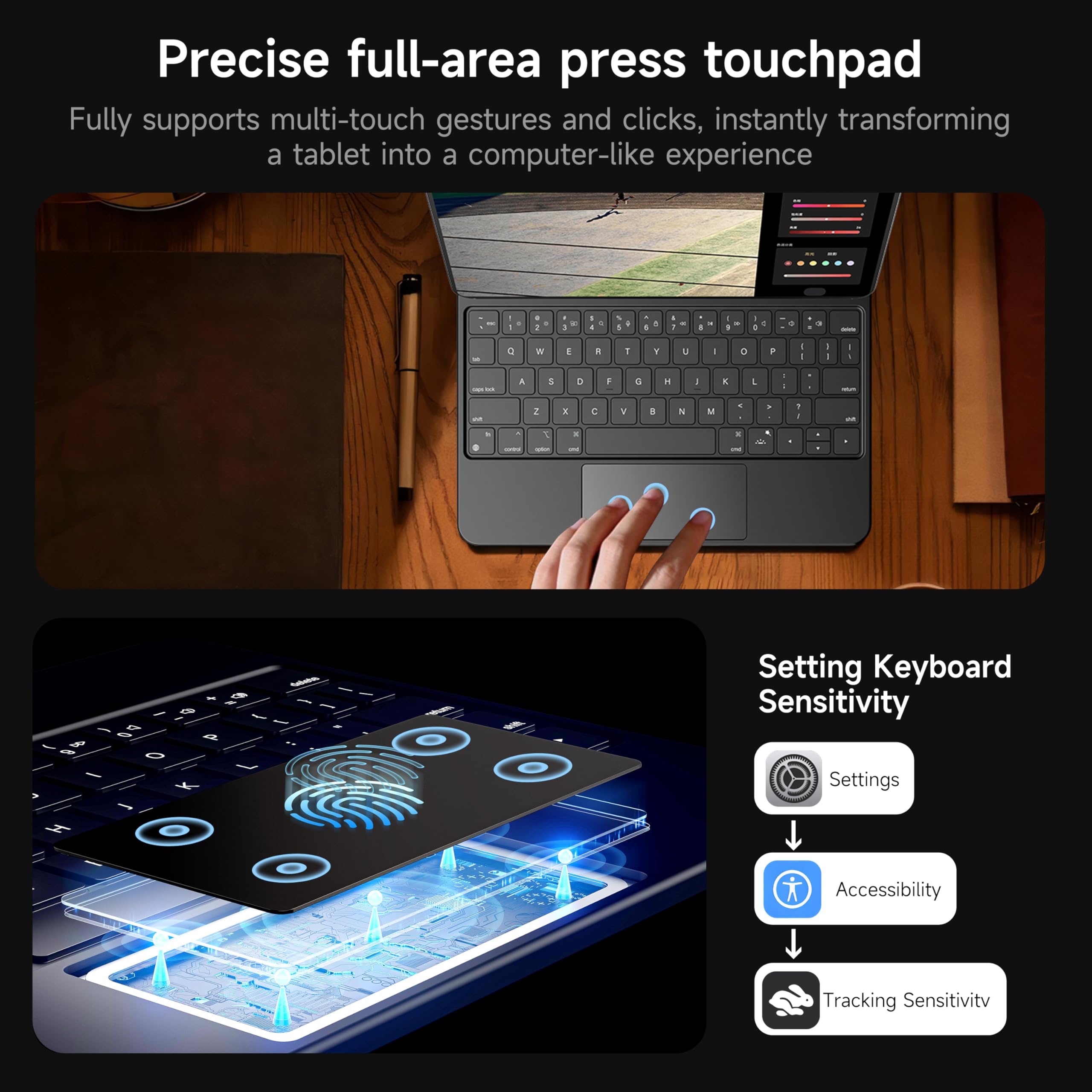 HOU Bluetooth Keyboard Case for iPad Pro 13 inch (2024 M4 Model) - Backlit Keyboard with Multi-Touch Trackpad, 7-Color LED Backlight & Magnetic Stand (Black) | Perfect for Work, Travel & Home Office Use