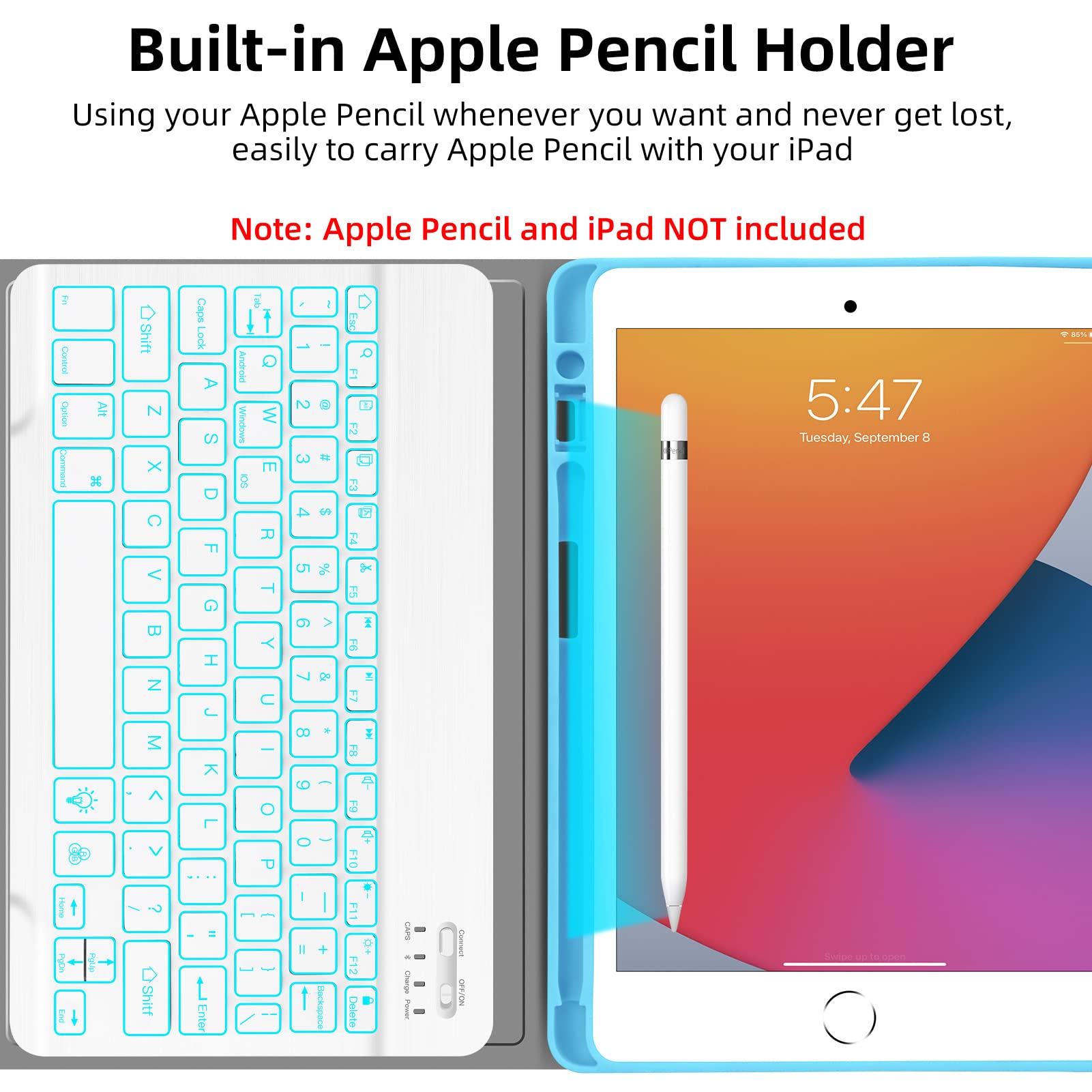 Backlit Wireless Detachable Keyboard Case for iPad 10.2 (9th/8th/7th Gen) & iPad Air 10.5 (3rd Gen) & iPad Pro 10.5 - Ultra Thin Smart Folio Stand Cover with LED Backlight (Blue) | Perfect for Typing, Work, Study & Travel