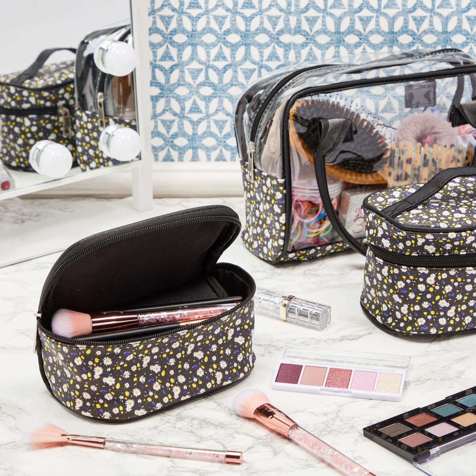 Floral Makeup Bag Set with Travel Organizer - 3 Piece Cosmetic Pouch Set (Small, Medium, Large) for Travel, Gym & Daily Essentials Storage