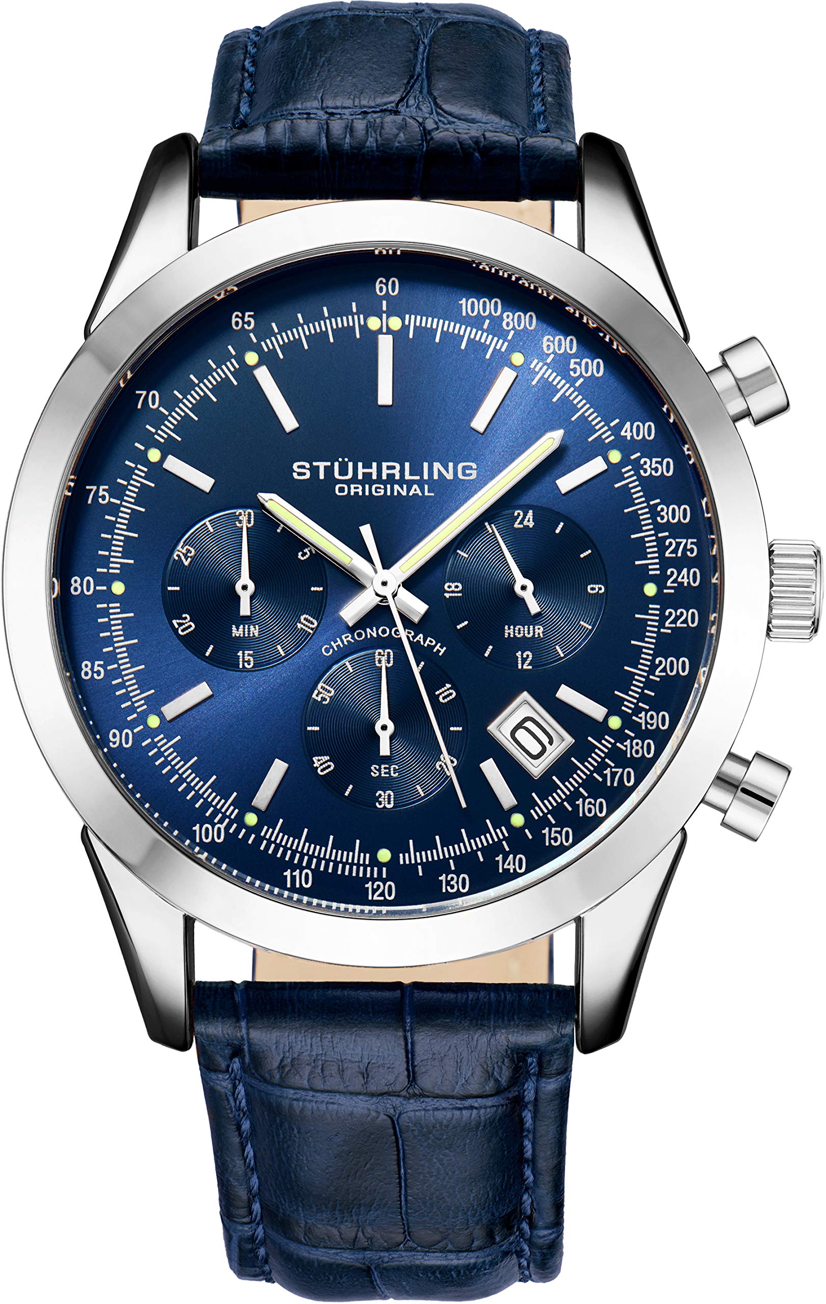 Stuhrling Original Men's Chronograph Watch - Blue Analog Dial with Date, Tachymeter & 24-Hour Subdial - Genuine Leather Strap - Rialto Collection - Perfect for Business, Casual & Formal Occasions