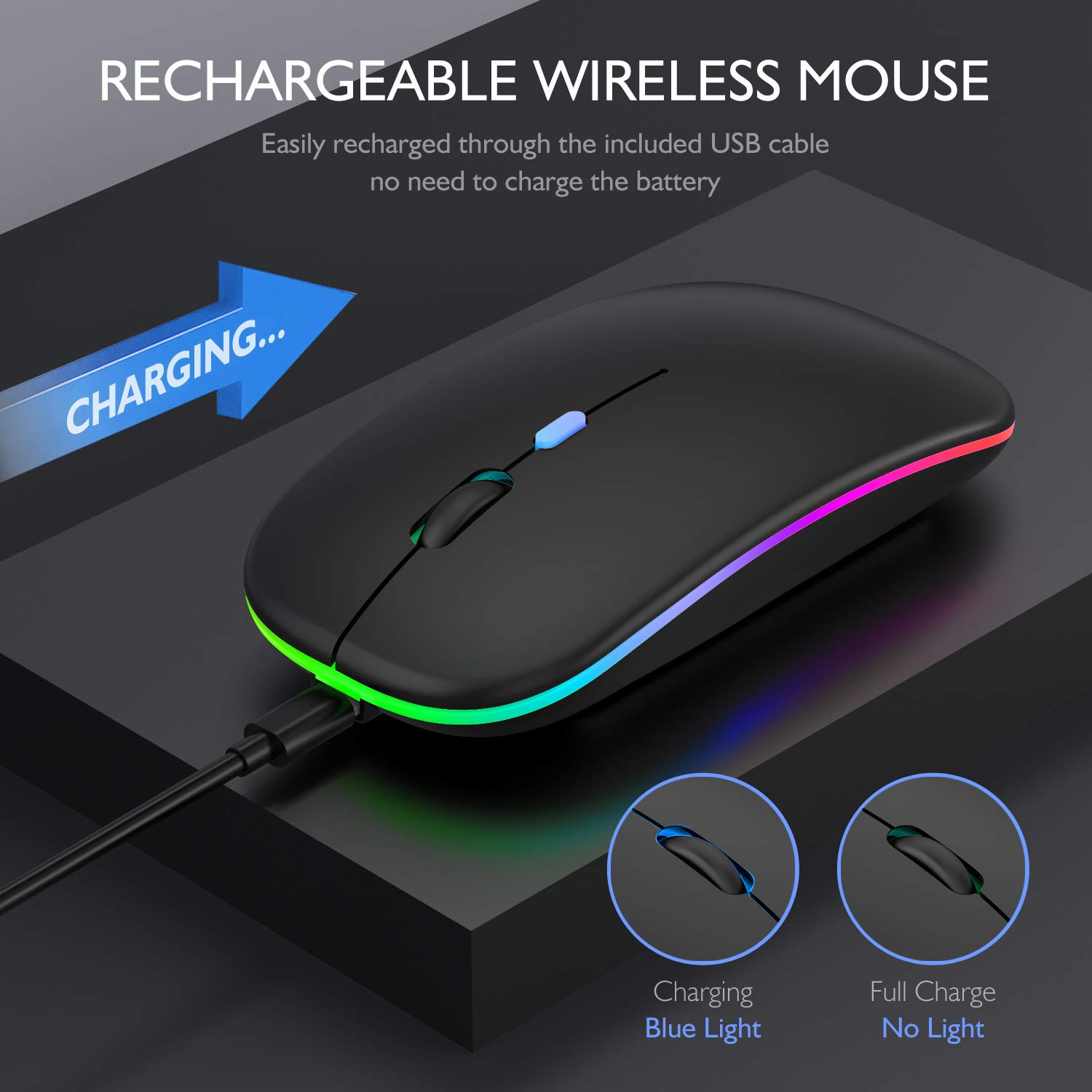 Wireless Bluetooth Mouse for MacBook Pro/Air - Rechargeable, 7-Color LED Backlit, Ergonomic Design (Black) | Perfect for Office Work, Gaming & Travel