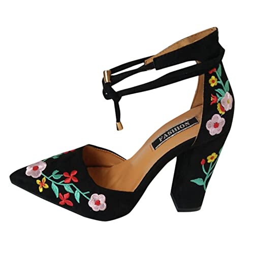 Women's Pointed Toe Embroidered High Heel Sandals - Casual Frosted Thick Heel Summer Shoes for Women | Perfect for Beach, Party & Date Night Outfits
