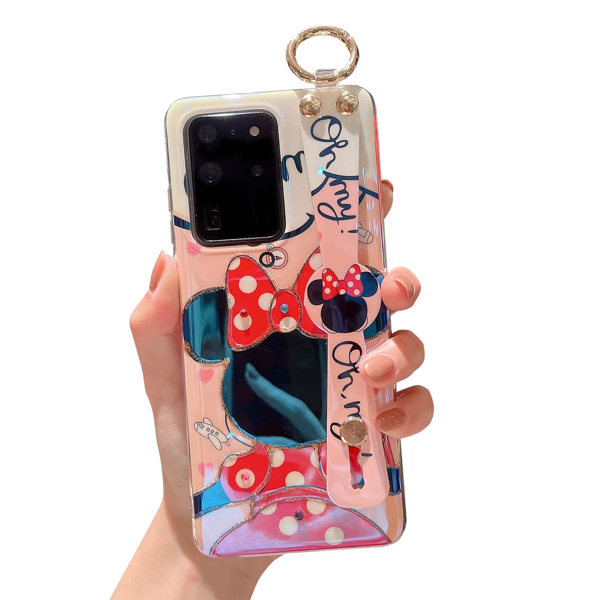 Cute Minnie Mouse Glitter Bling Cartoon IMD Soft TPU Shockproof Protective Case with Wrist Strap & Kickstand for Samsung Galaxy S20 Ultra - Perfect for Girls, Women, School, Work & Everyday Use