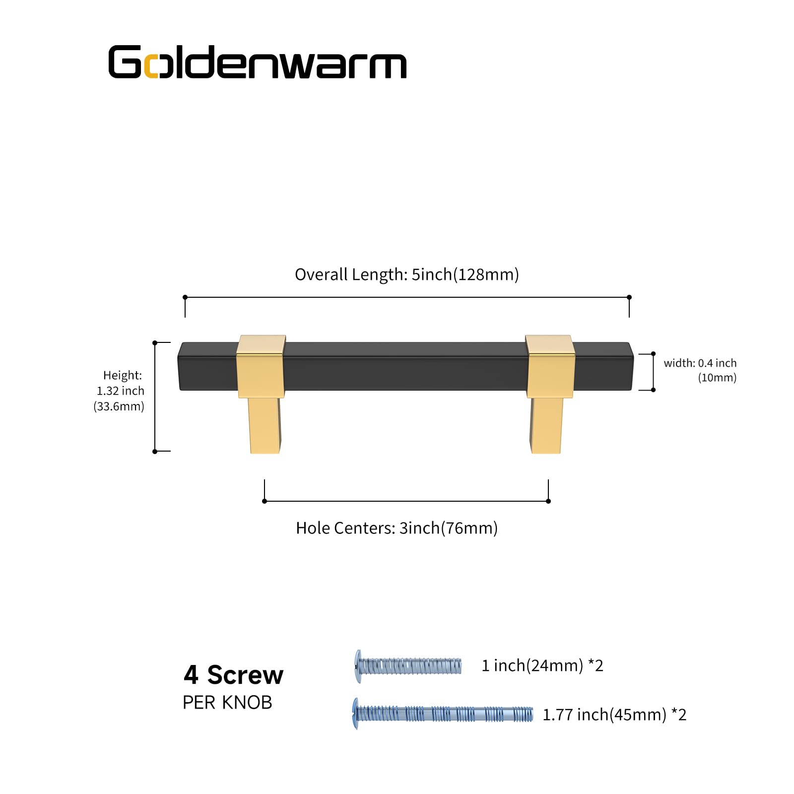 GoldenWarm 5 Pack Black & Gold Cabinet Handles - 3 Inch Hole Center Modern Drawer Pulls for Kitchen, Bathroom, Bedroom Dresser - Durable Zinc Alloy Hardware for Home & Office Furniture Upgrade