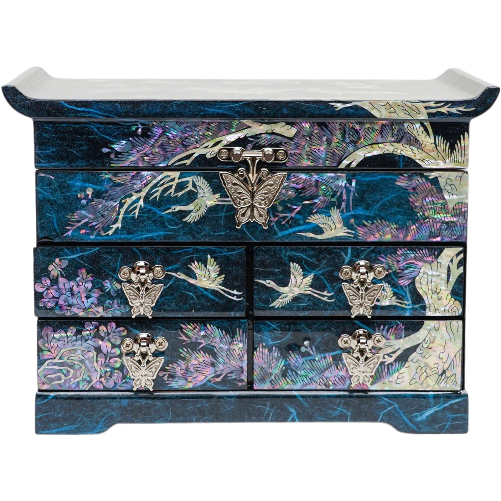 February Mountain Mother of Pearl Wooden Jewelry Organizer Box - Elegant Jewelry Storage with Spacious Drawers for Rings, Bracelets, Necklaces & Watches | Perfect Gift for Women | Home Vanity & Travel Jewelry Case (Crane Blue)