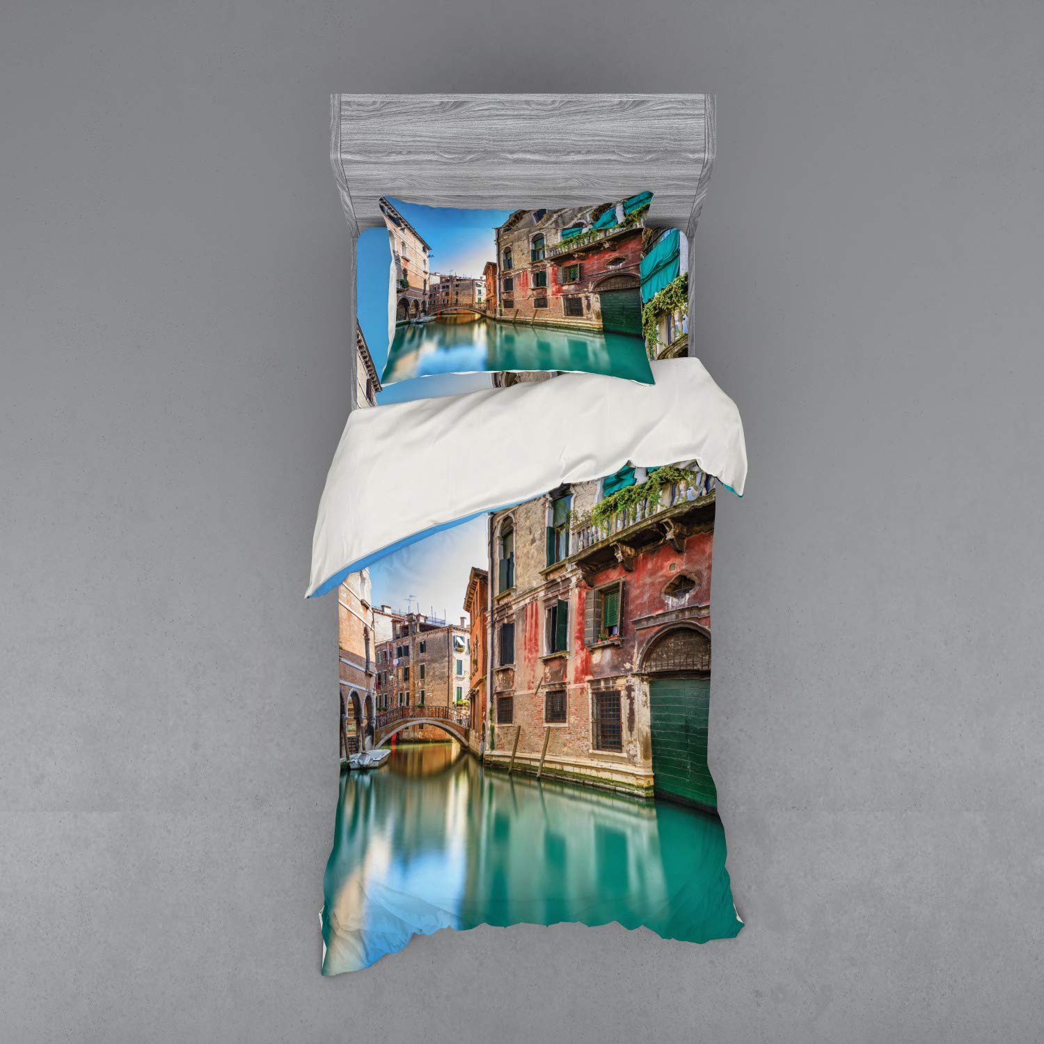 Ambesonne Venice Bedding Set - 3-Piece Duvet Cover with Sham & Fitted Sheet, Twin Size, Teal Grey Red - Traditional Italian Water Canal & Romantic Cityscape Design - Perfect for Travel Lovers & Home Decor
