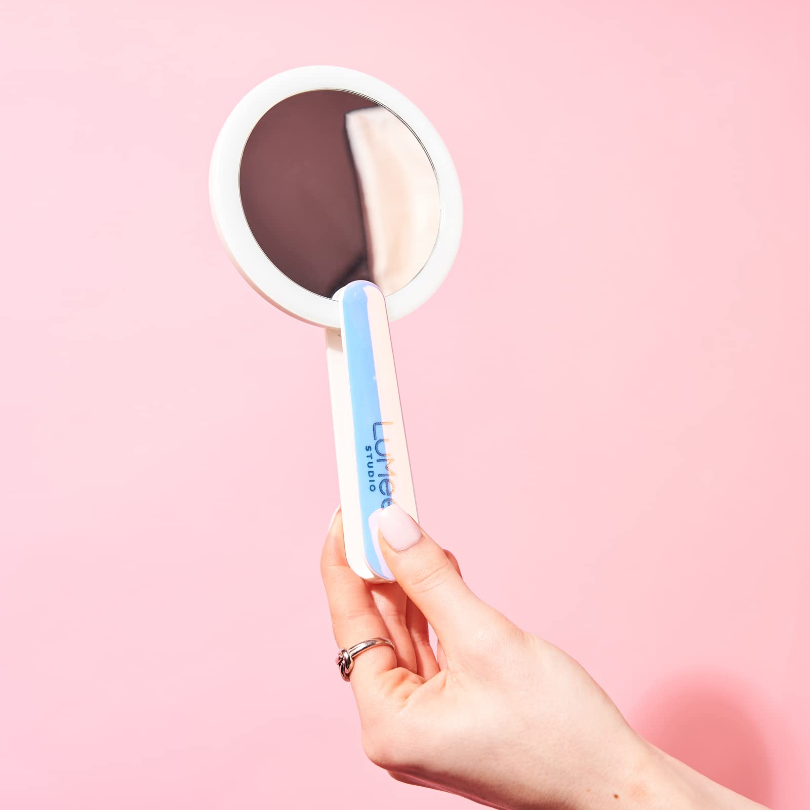 Lumee LED Lighted Makeup Mirror with Rechargeable Battery, Folding Handle - Portable Compact Vanity Mirror for Travel, Party, Office & Home Use - Iridescent Design (Includes USB A to Micro USB Cable) - Perfect for Makeup Application, Skincare Routine & On-the-Go Touch Ups