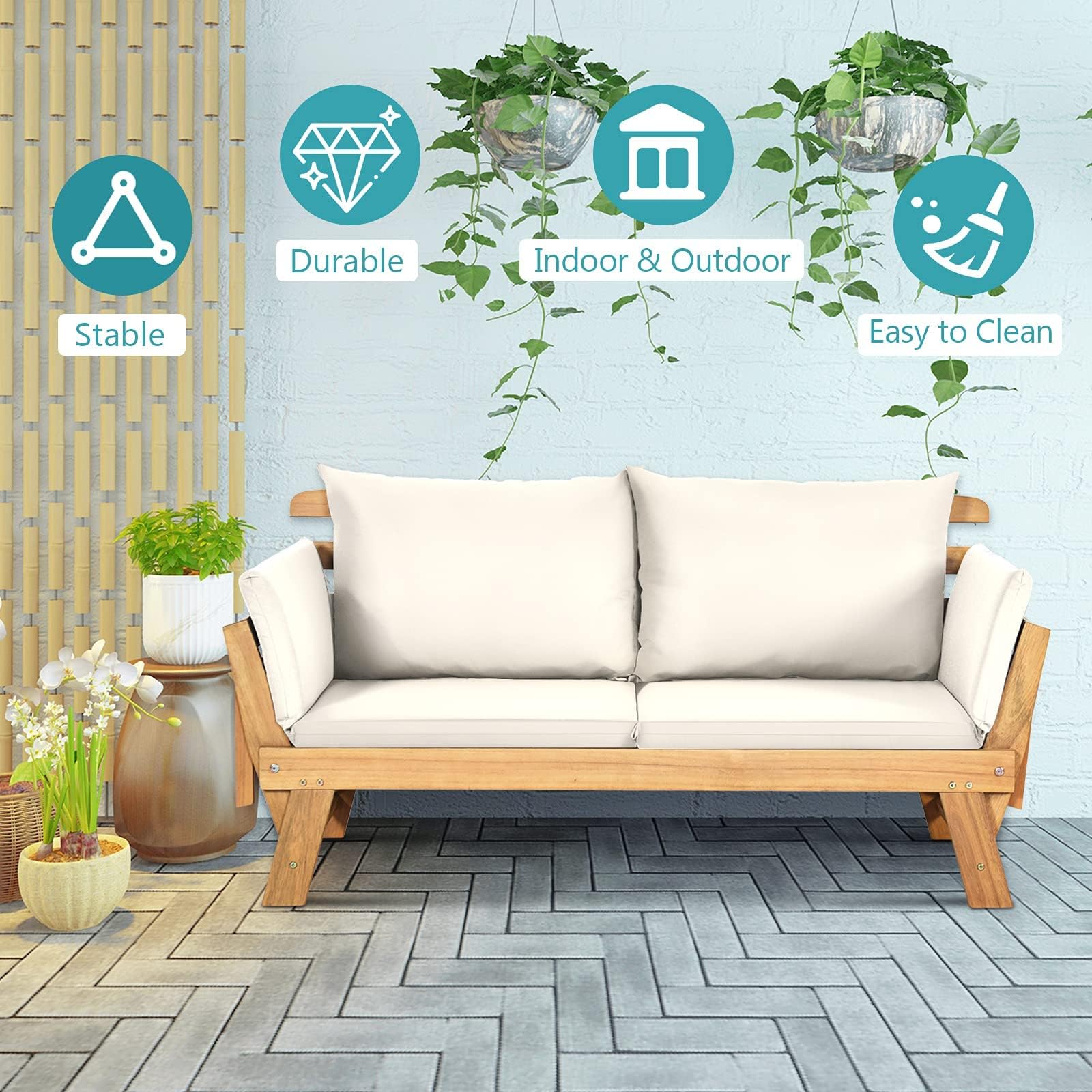 DORTALA Patio Convertible Couch Sofa Bed - Acacia Wood Daybed with Adjustable Armrest, Collapsible Chaise Lounge with Cushions & Pillows - Outdoor Loveseat for Poolside, Courtyard, Garden, Balcony (White) - Perfect for Relaxing, Sunbathing and Outdoor Entertaining
